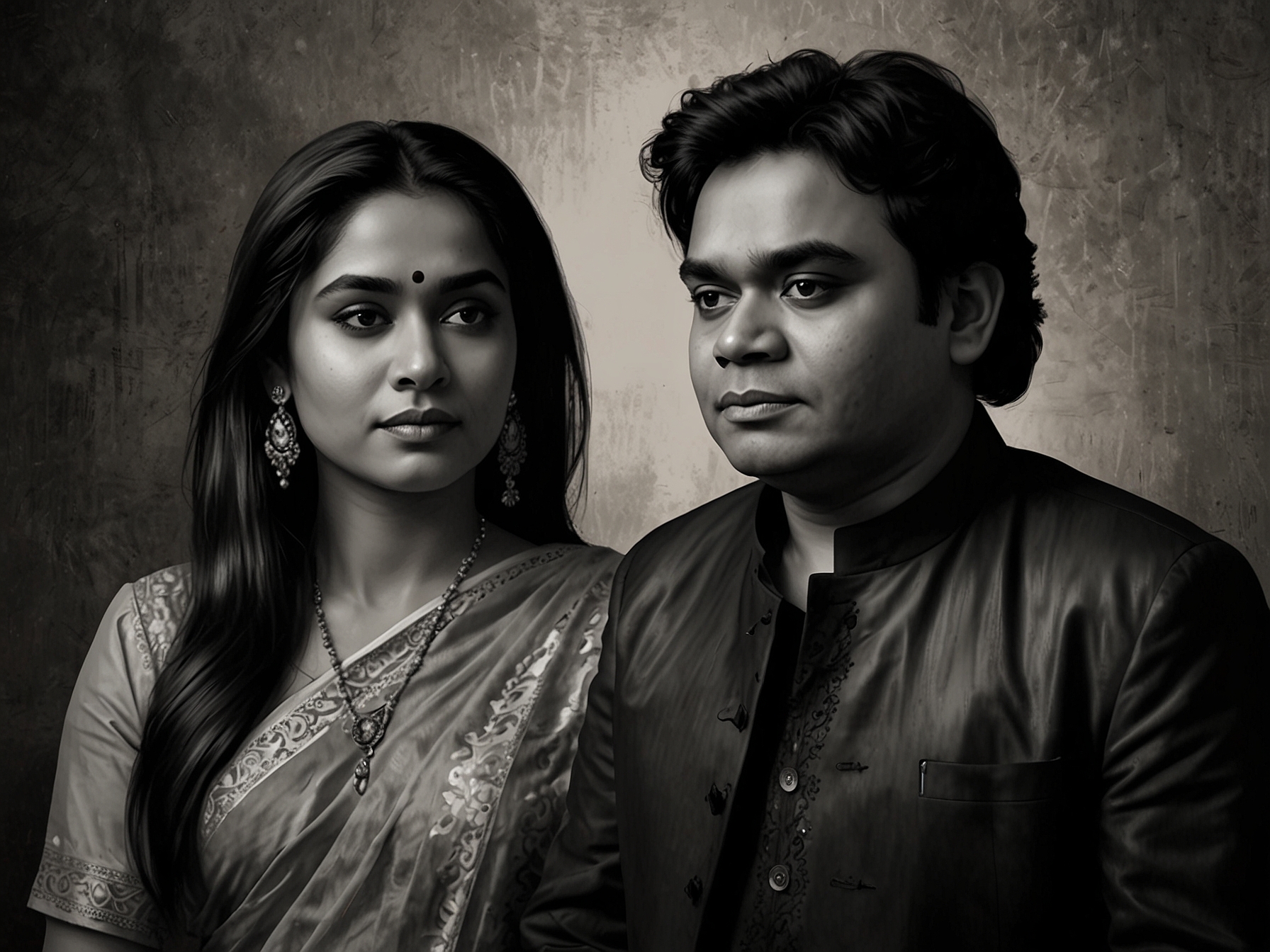 A collage featuring A.R. Rahman and Mohini Dey, surrounded by musical notes and heart imagery, signifying the blend of artistry and personal struggles they currently face.