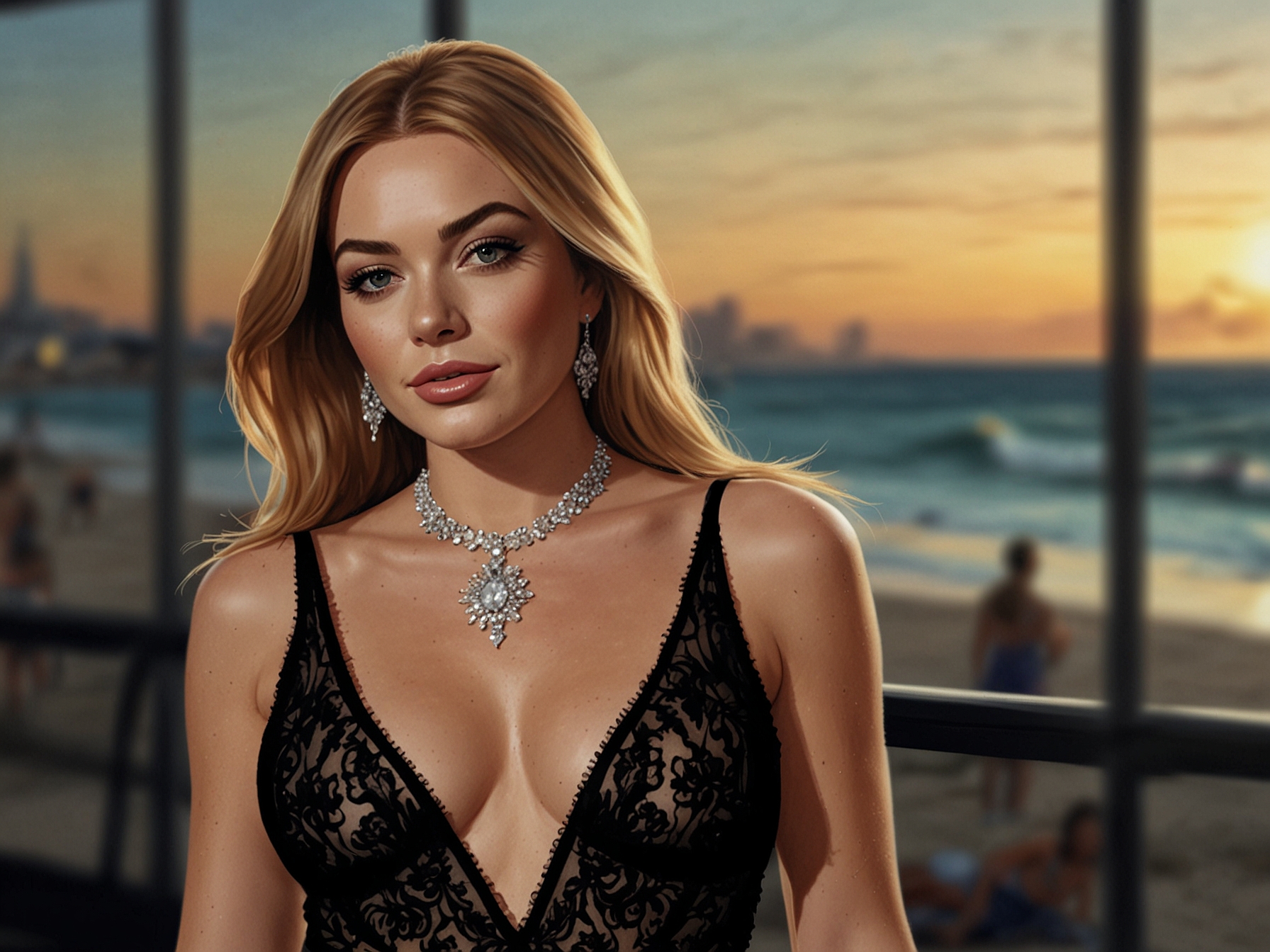 Lindsay Lohan at the premiere in a sheer black Zuhair Murad dress with seashell embellishments and a plunging neckline, exuding youthful vibrance against the backdrop of the event.