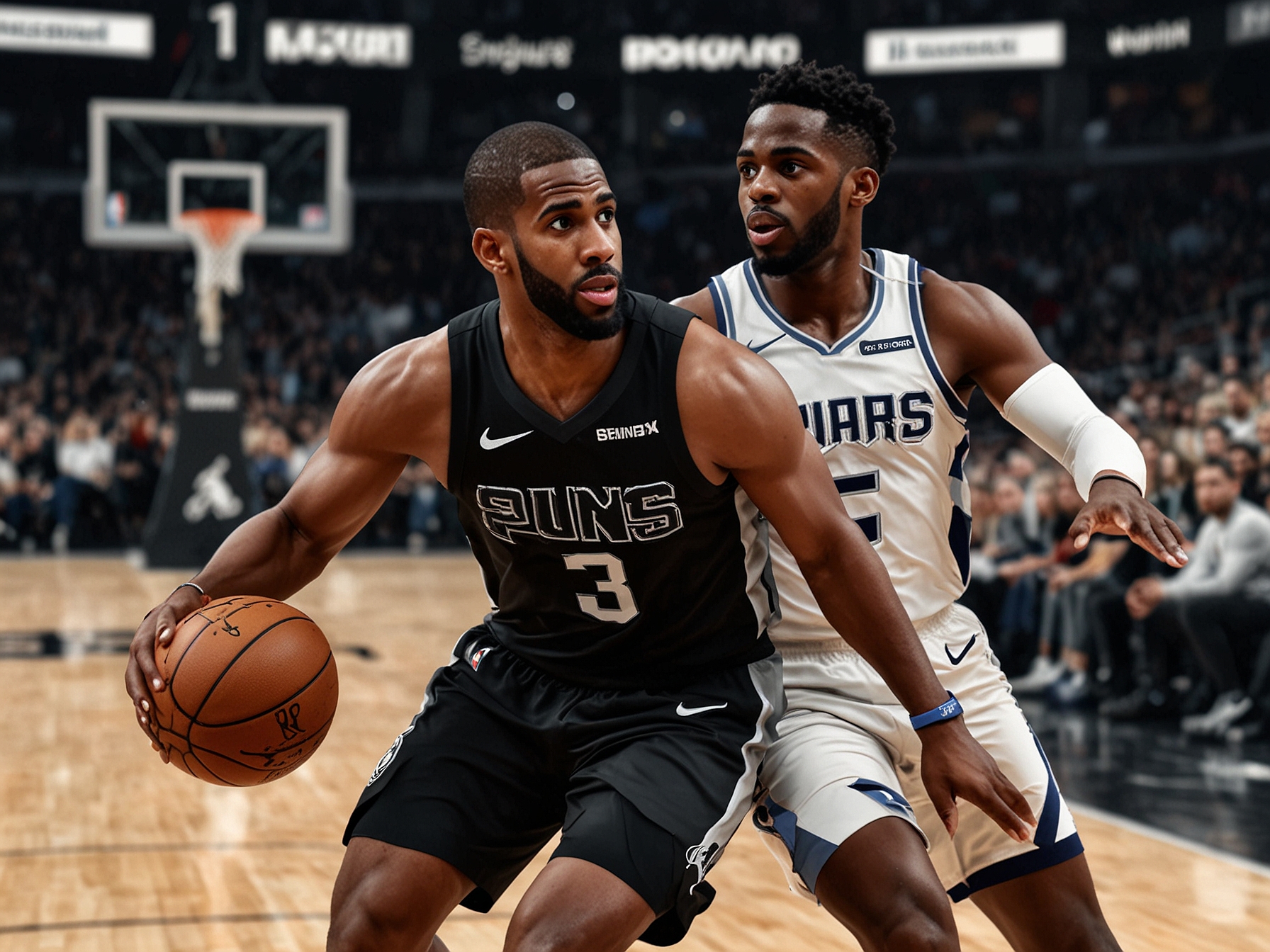 A dynamic moment from the game showing Chris Paul driving to the basket while being closely guarded by Shai Gilgeous-Alexander, with Spurs fans cheering in the background.