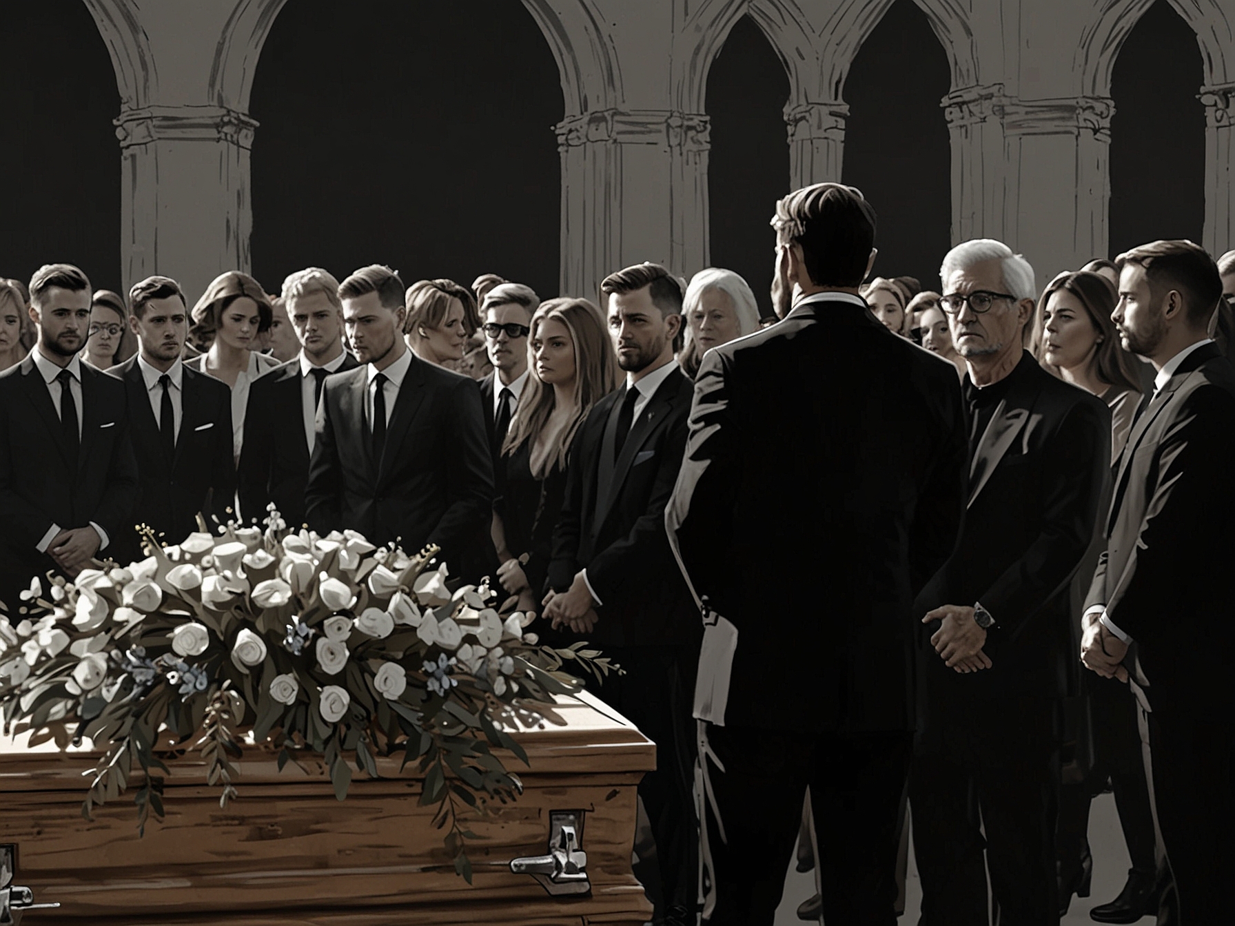 A somber gathering of Liam Payne's family and friends at a funeral service, with floral tributes and emotional expressions reflecting the immense loss felt by all.