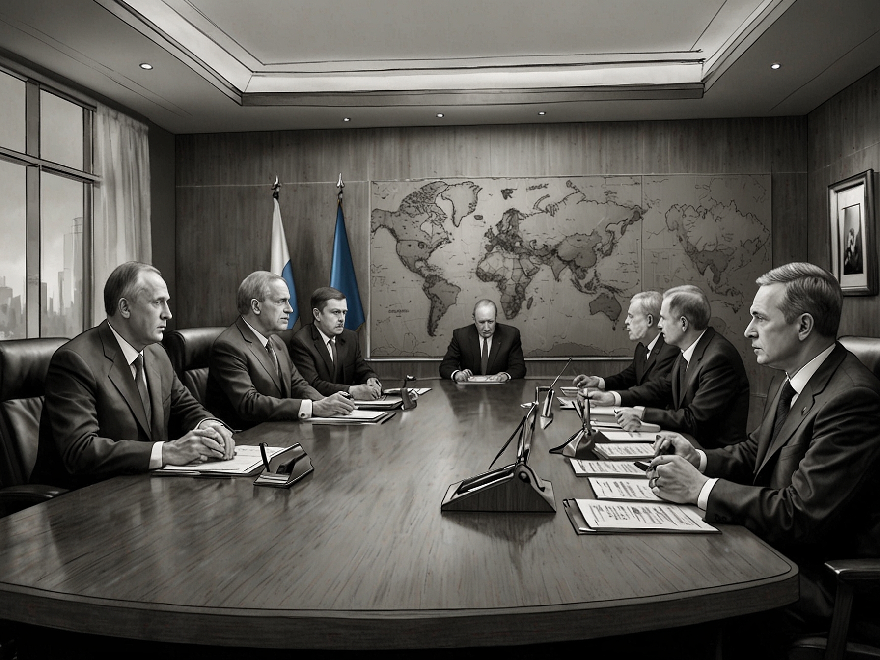 A tense meeting room with world leaders discussing nuclear strategy, maps of Ukraine and Russia displayed, illustrating the gravity of the geopolitical situation.