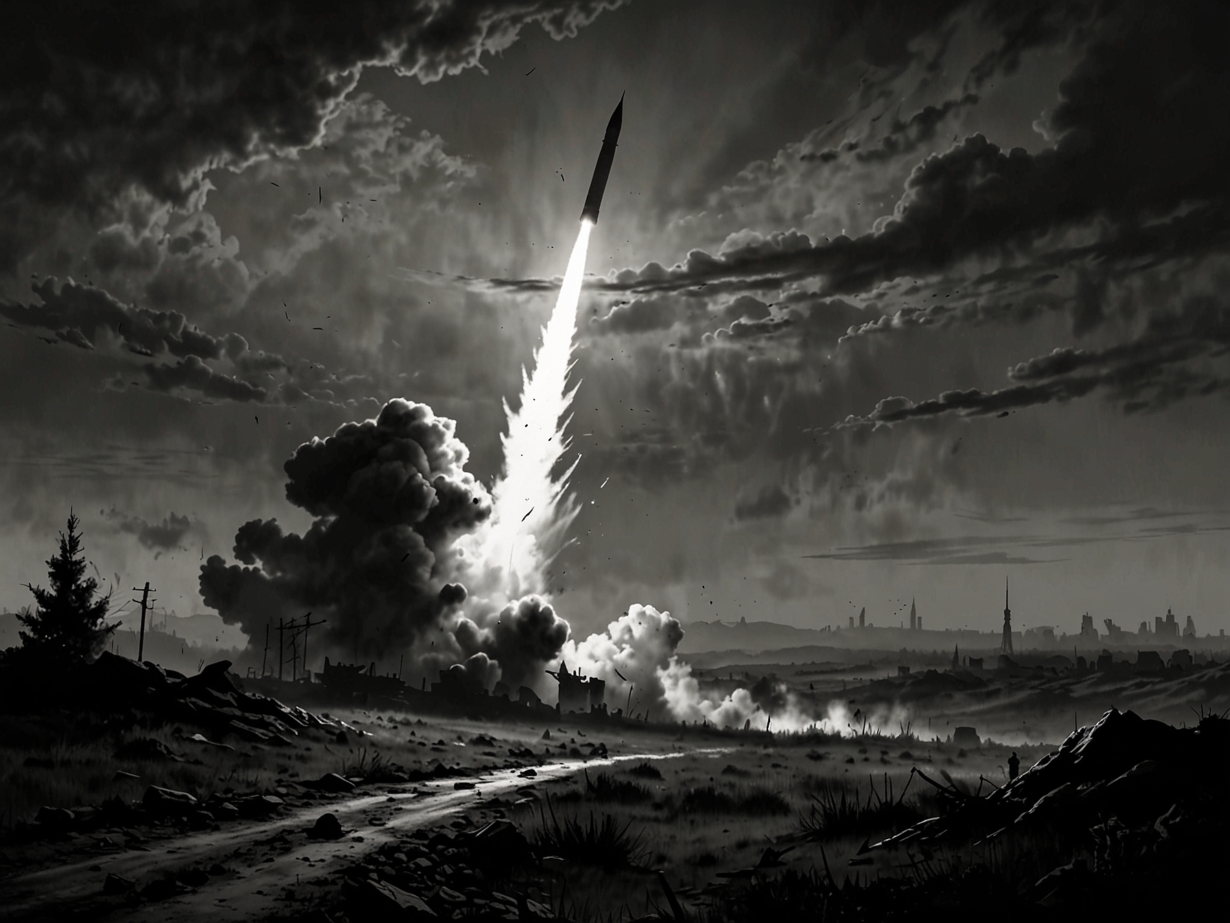 A dramatic image depicting the silhouette of a missile launch against a backdrop of a war-torn landscape, symbolizing the escalation of conflict in Ukraine.