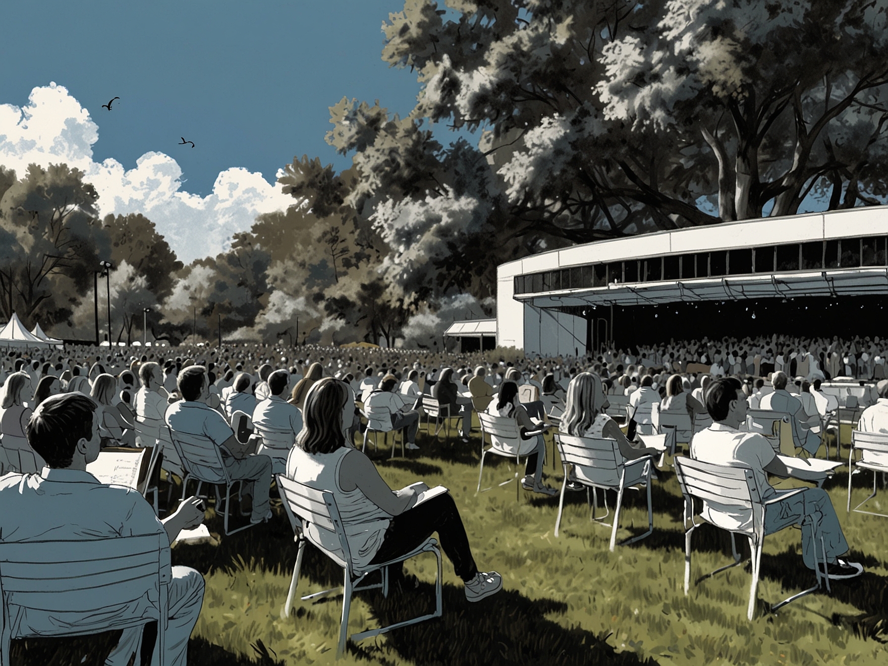 A vibrant outdoor concert scene at SPAC, showcasing excited concertgoers on the lawn with rented chairs, surrounded by greenery and a stage filled with musicians under a clear blue sky.