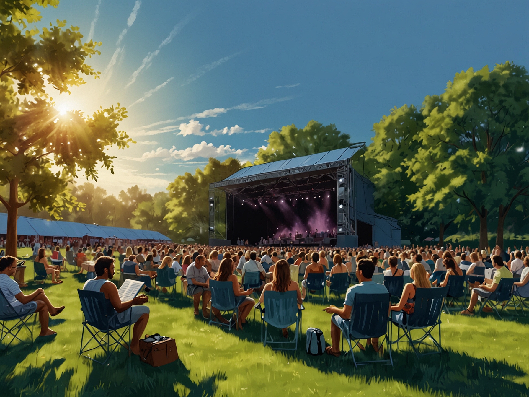 Families enjoying a summer music concert at SPAC, with children sitting on blankets while their parents rent chairs, capturing the essence of changing concert traditions.