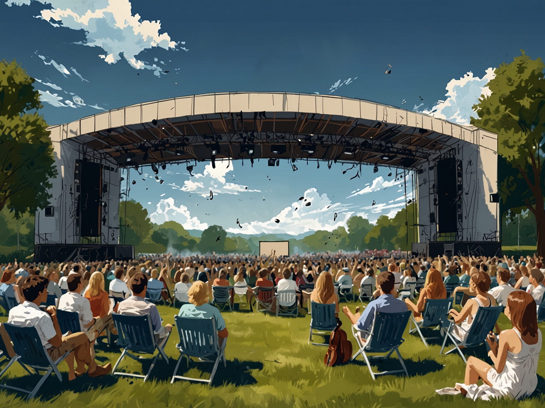 An aerial view of the SPAC venue during a summer concert, highlighting the absence of personal lawn chairs and the organized rental chair setup for concert attendees.