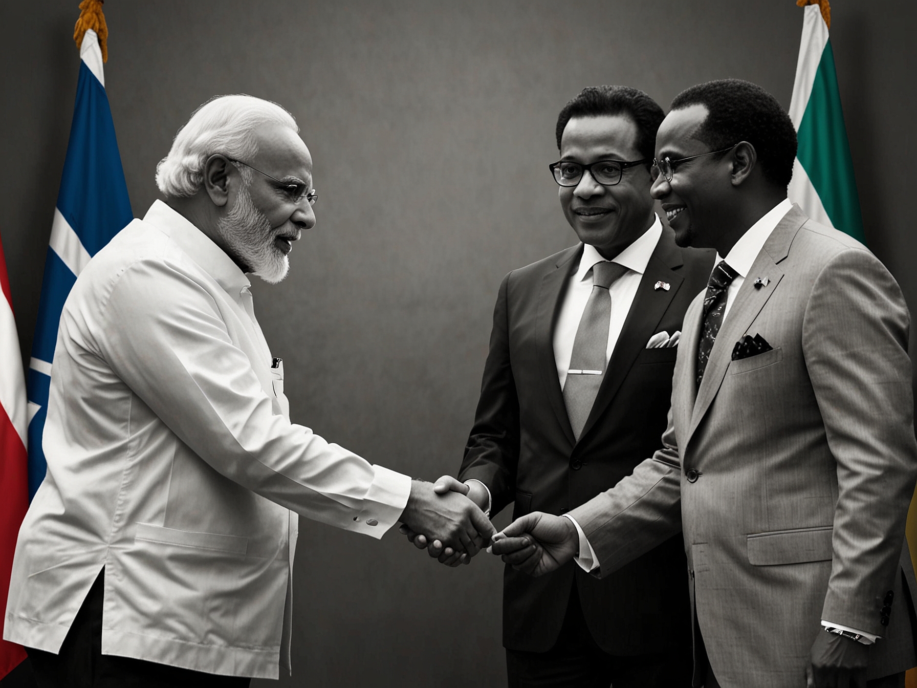 A vibrant image capturing Prime Minister Modi shaking hands with Caribbean leaders during the second India-CARICOM Summit in Guyana, showcasing collaboration and mutual respect.