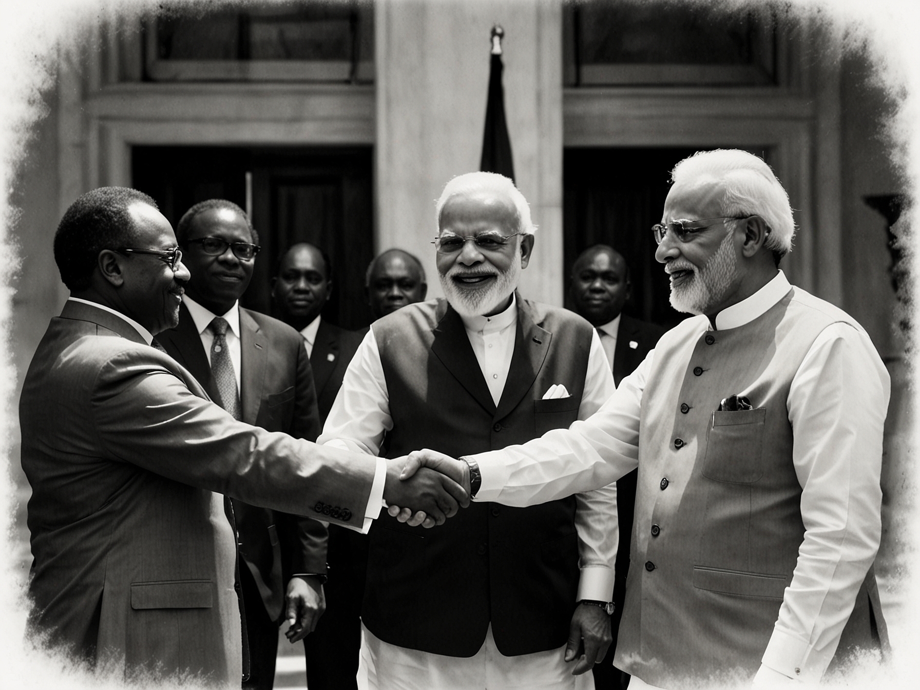 A dynamic image featuring discussions on climate change and economic growth between PM Modi and the Bahamian Prime Minister, highlighting the collaborative spirit towards sustainable development.