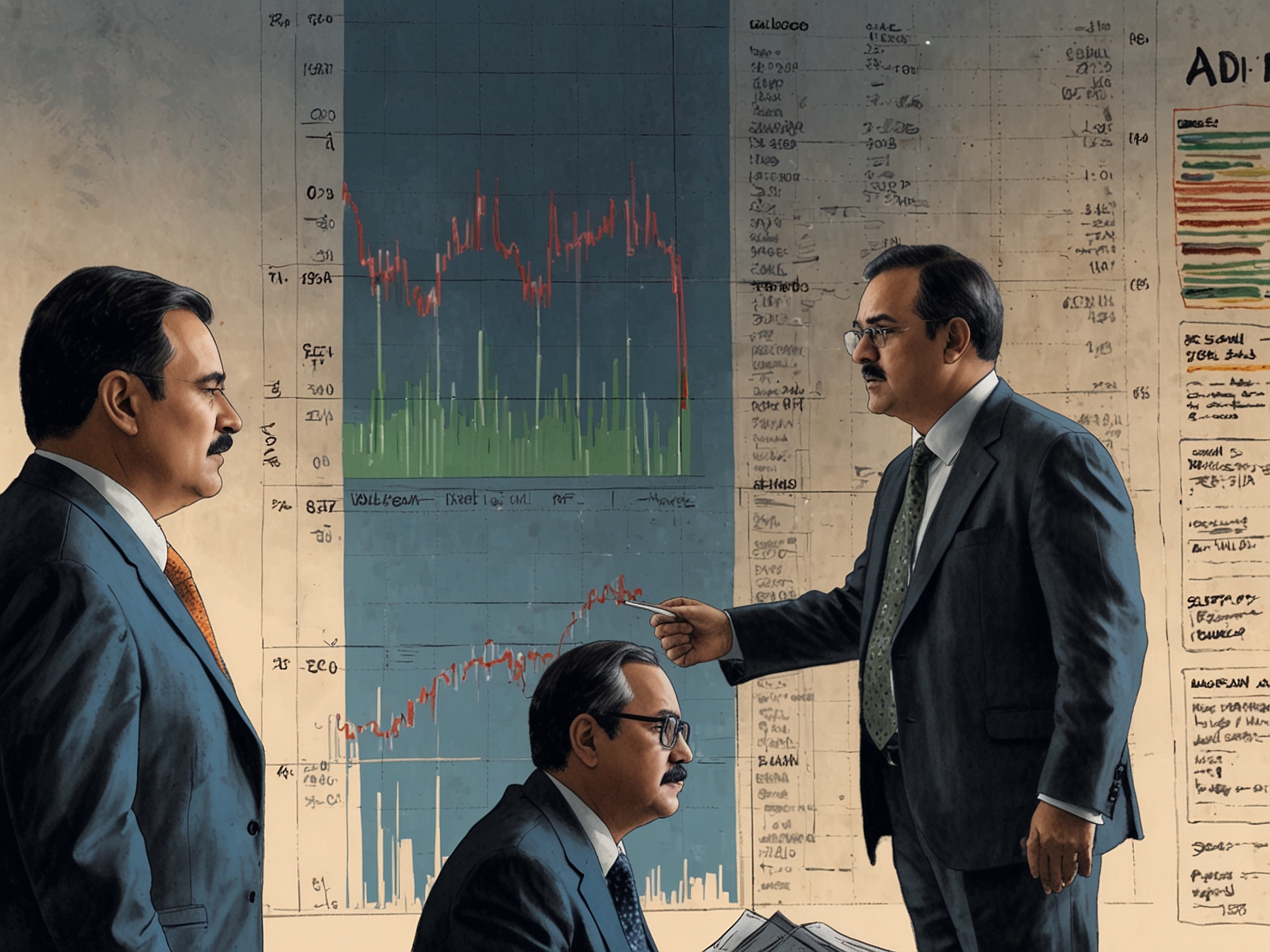 A financial chart showing a steep decline in Adani's dollar bonds, overlaid with images of concerned investors reviewing their portfolios amidst news headlines about bribery charges.