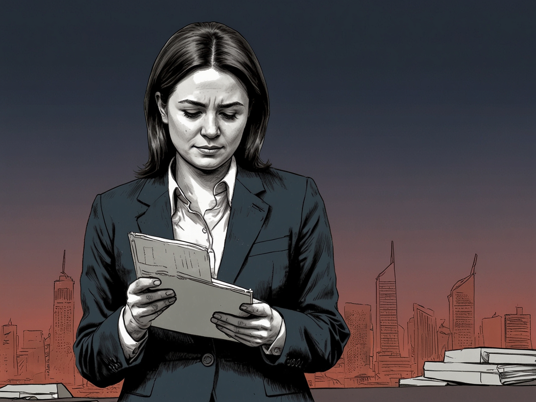 A concerned businesswoman reading news about the Adani bribery scandal on her tablet, showcasing the emotional impact of corporate corruption in the financial world.