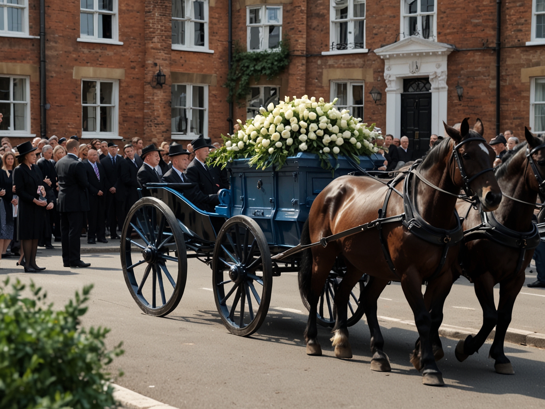 A heartwarming image of a horse-drawn carriage carrying Liam Payne's blue casket, surrounded by mourners holding flowers, illustrating a moment of love and loss at his funeral.