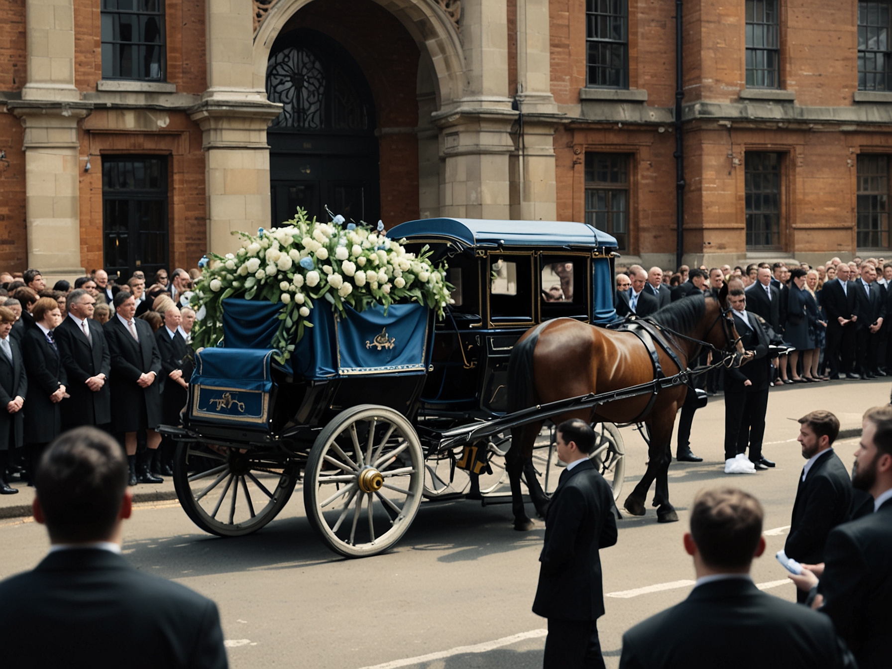 A somber scene capturing Zayn Malik and other One Direction members walking closely together in grief, symbolizing their shared history and support for each other during a tragic time.