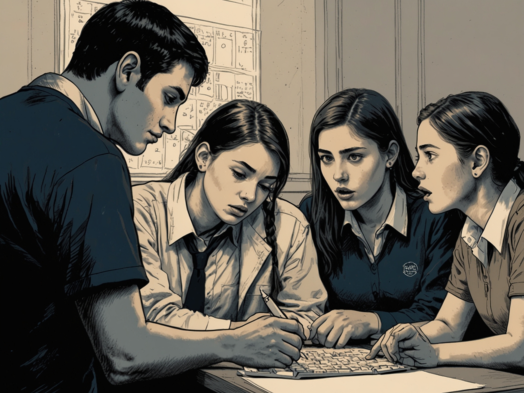 A group of anxious students gathered around a computer, eagerly checking the RSMSSB CET answer key on the official website, with expressions of hope and anticipation on their faces.