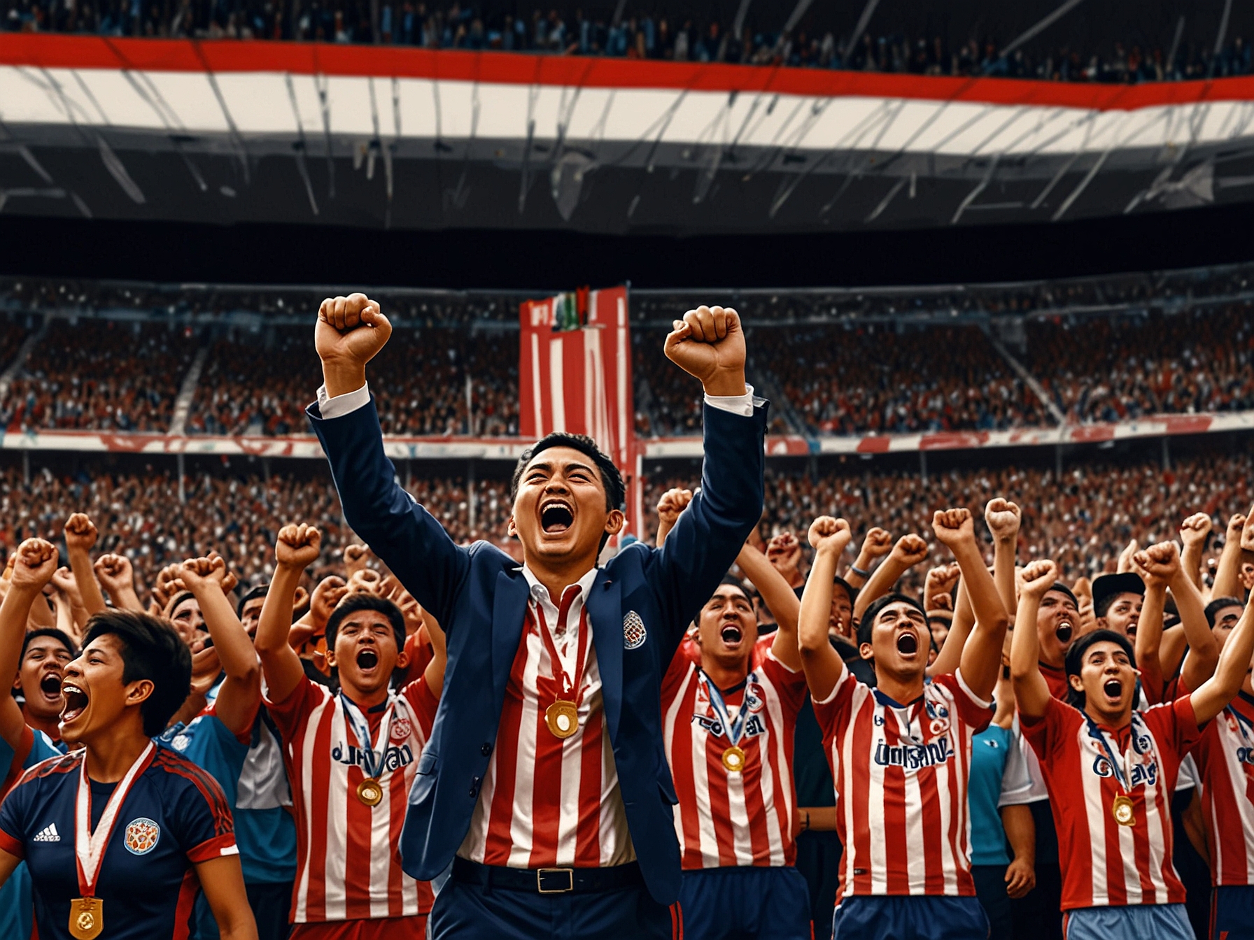 A thrilling moment captured with fans cheering in the stands as Chivas Tapatío celebrates their second goal during the championship final against Celaya.