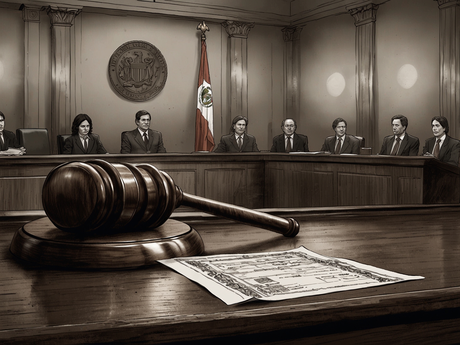 A courtroom scene featuring a gavel and legal documents, symbolizing the ongoing trial of former President Pedro Castillo and highlighting the serious legal proceedings in Peru.