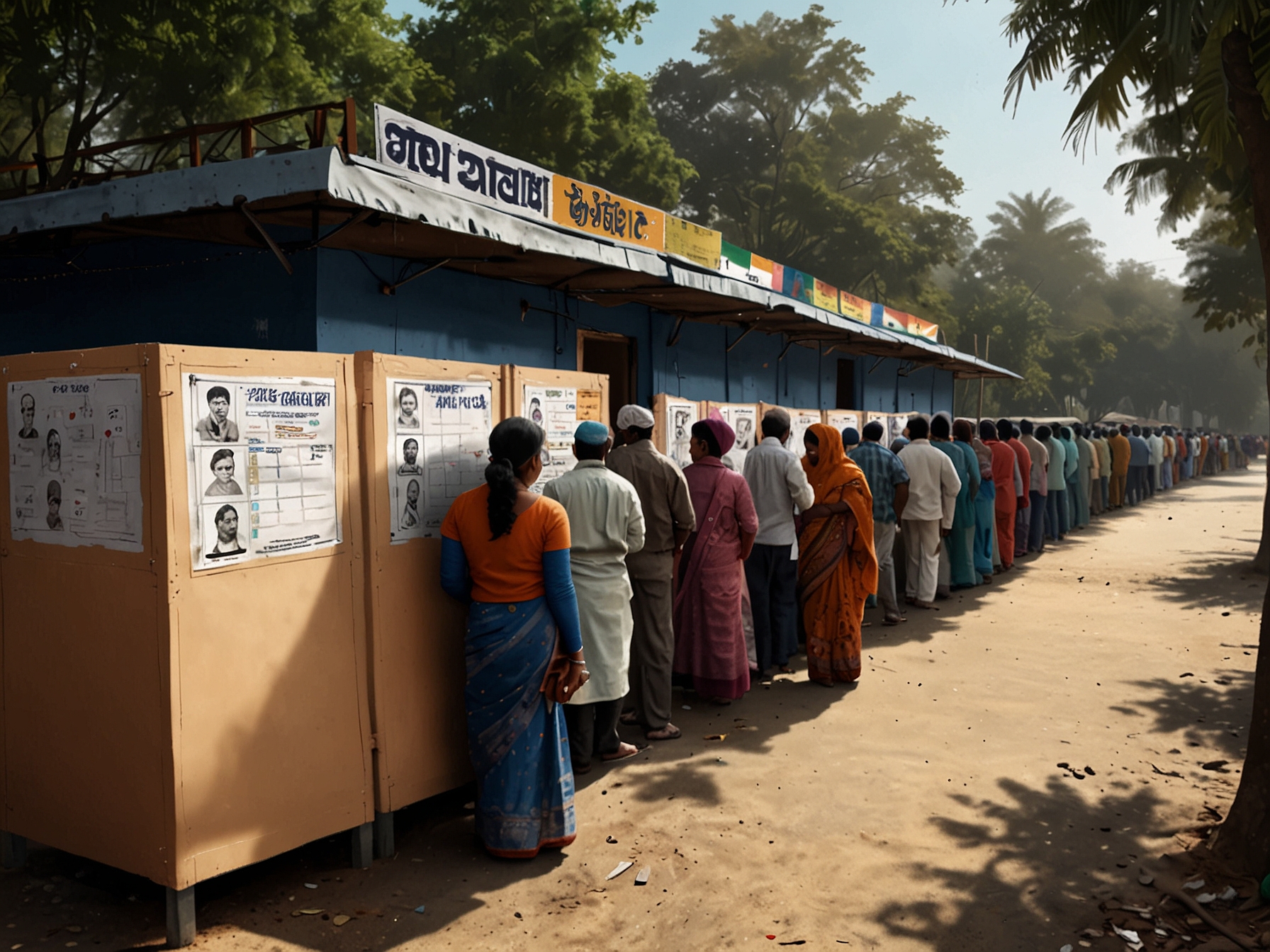 A bustling polling booth in Jharkhand with voters lining up, showcasing high engagement and participation in the electoral process, while contrasting with low turnout in Maharashtra.