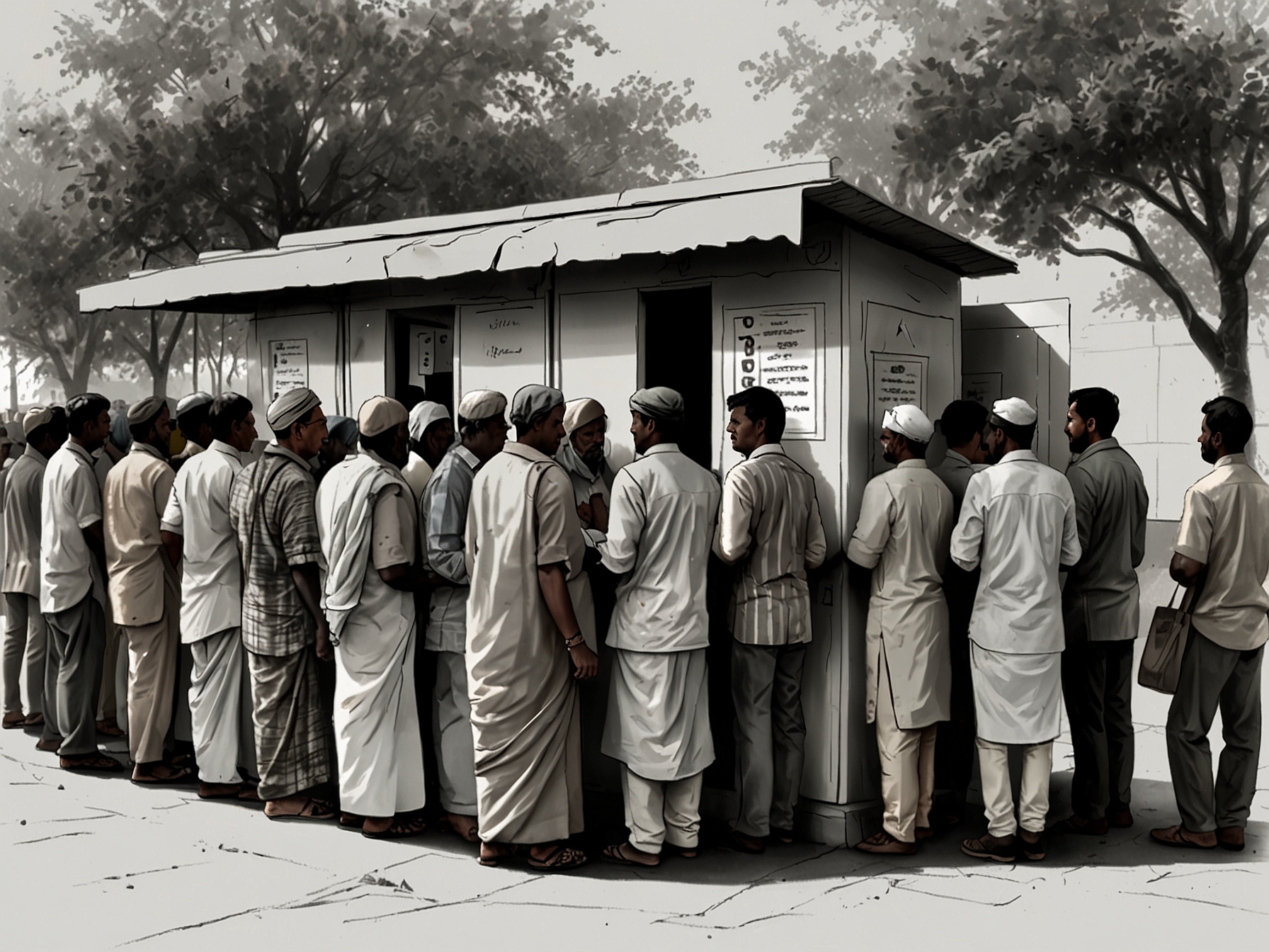 A group of young voters discussing their choices outside a polling station, symbolizing the importance of engaging younger demographics in the voting process.