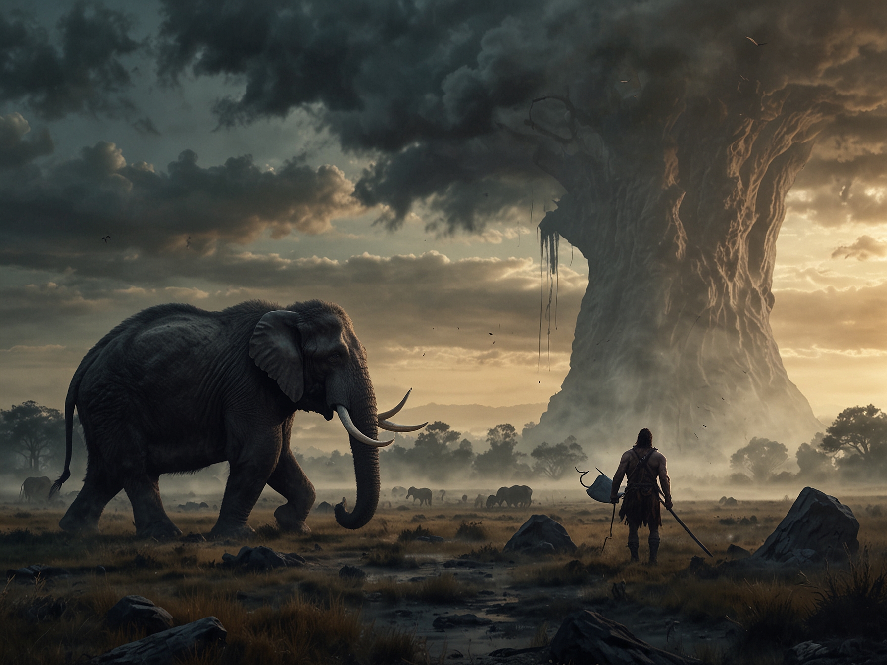 A depiction of an ancient landscape with a prehistoric hunter aiming a bone projectile at a mastodon under a misty sky, showcasing the dramatic hunting scene.