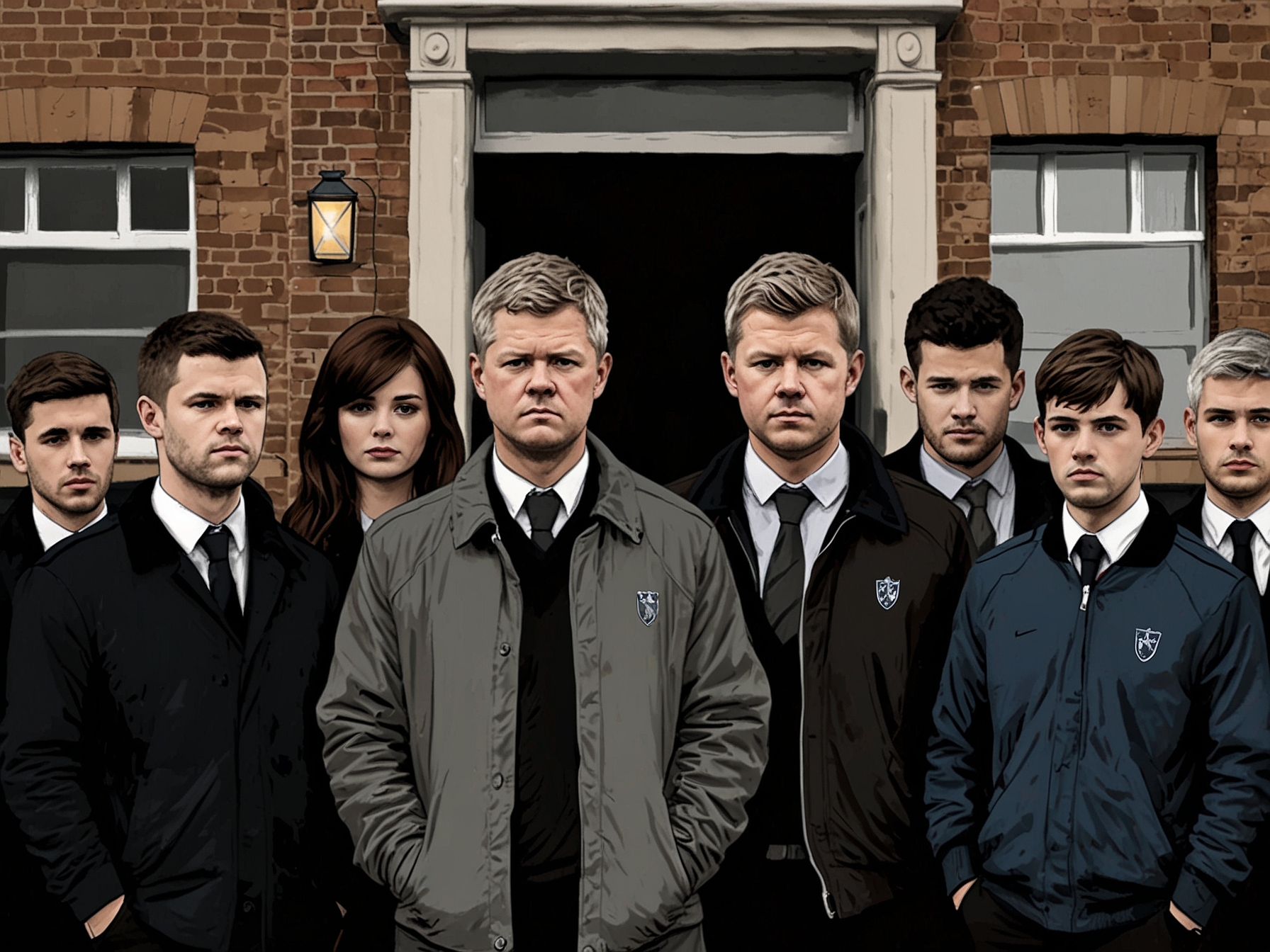A solemn scene at a funeral, with Adrian Chiles wearing a West Bromwich Albion jacket, surrounded by friends and family, reflecting the deep bond shared with Liam Payne.