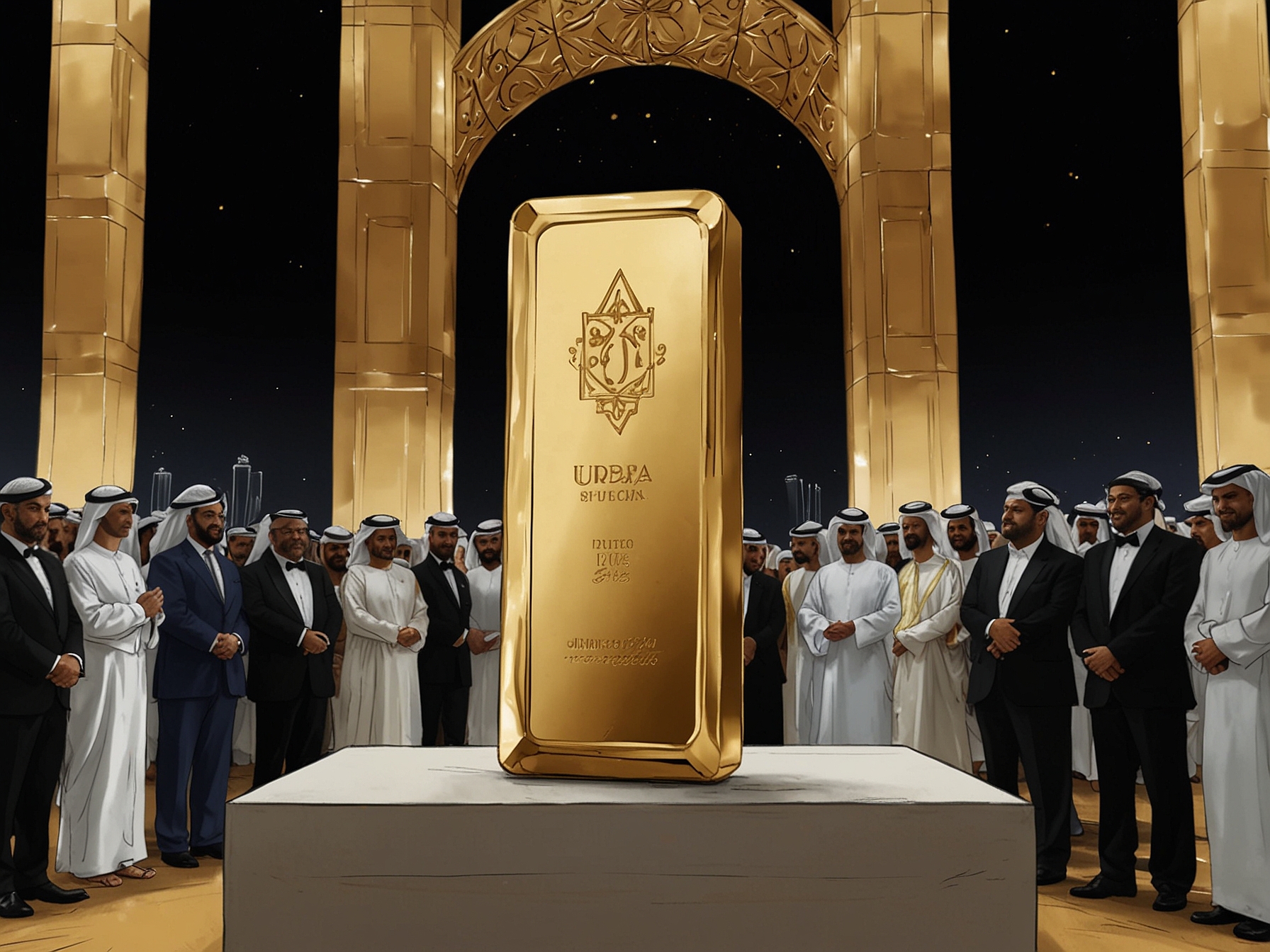 A large, gleaming gold bar weighing 300.12 kg displayed prominently, surrounded by dignitaries and guests at the recognition event in Dubai, capturing the essence of UAE's cultural pride and craftsmanship.
