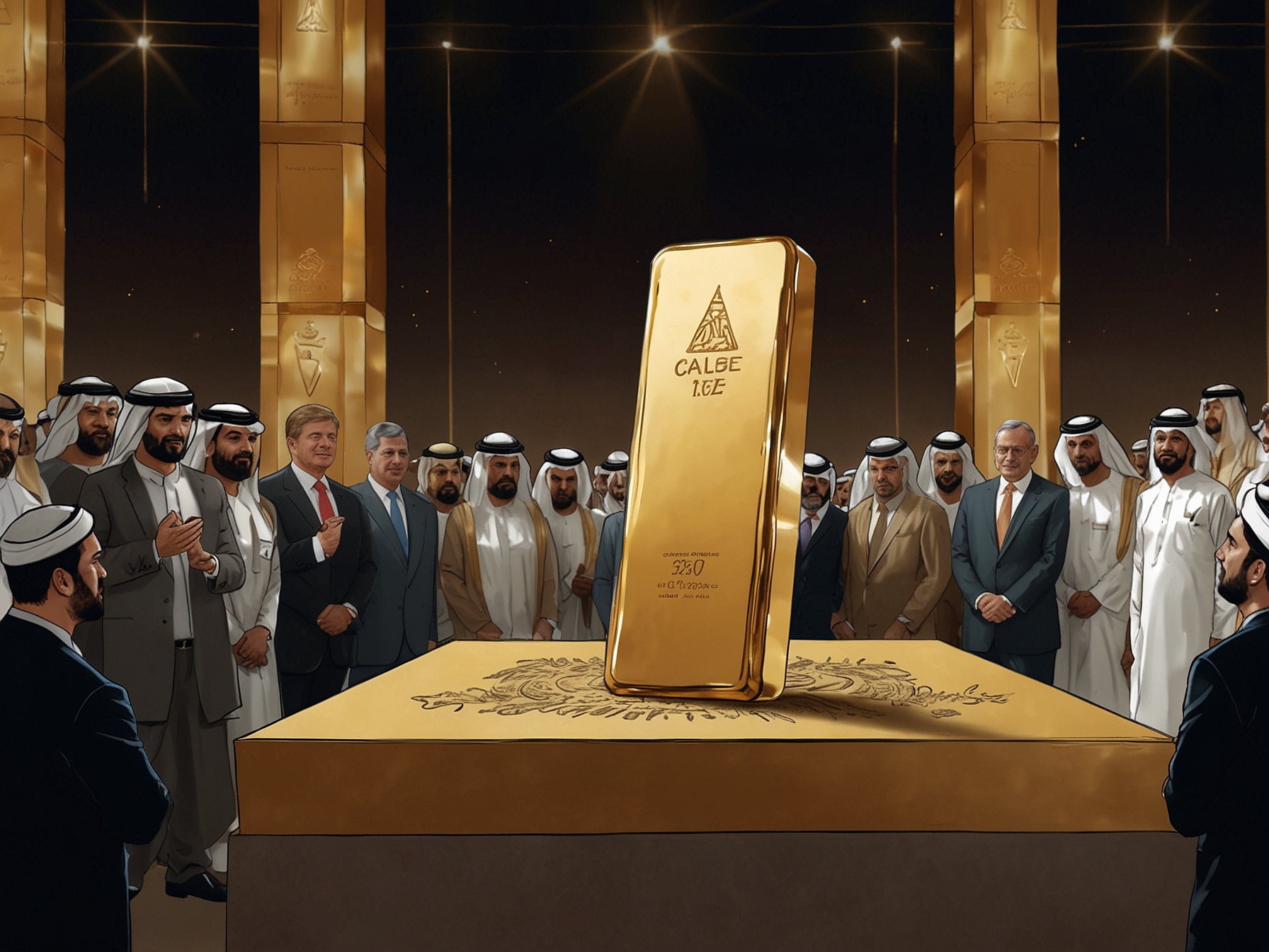 Close-up of the record-breaking gold bar, showcasing its polished surface while a subtle backdrop of the Emirates Mint facility emphasizes its technological prowess and heritage.