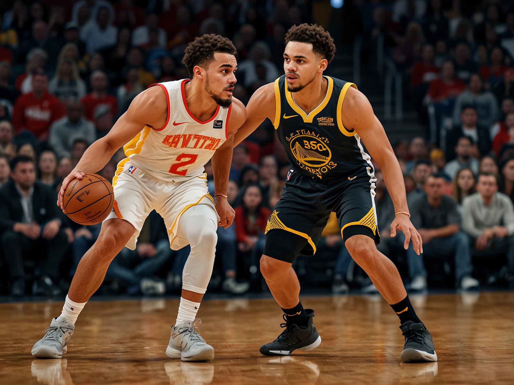 A dynamic scene from the NBA game between the Atlanta Hawks and Golden State Warriors, featuring Trae Young dribbling past Stephen Curry with intense focus on the court.