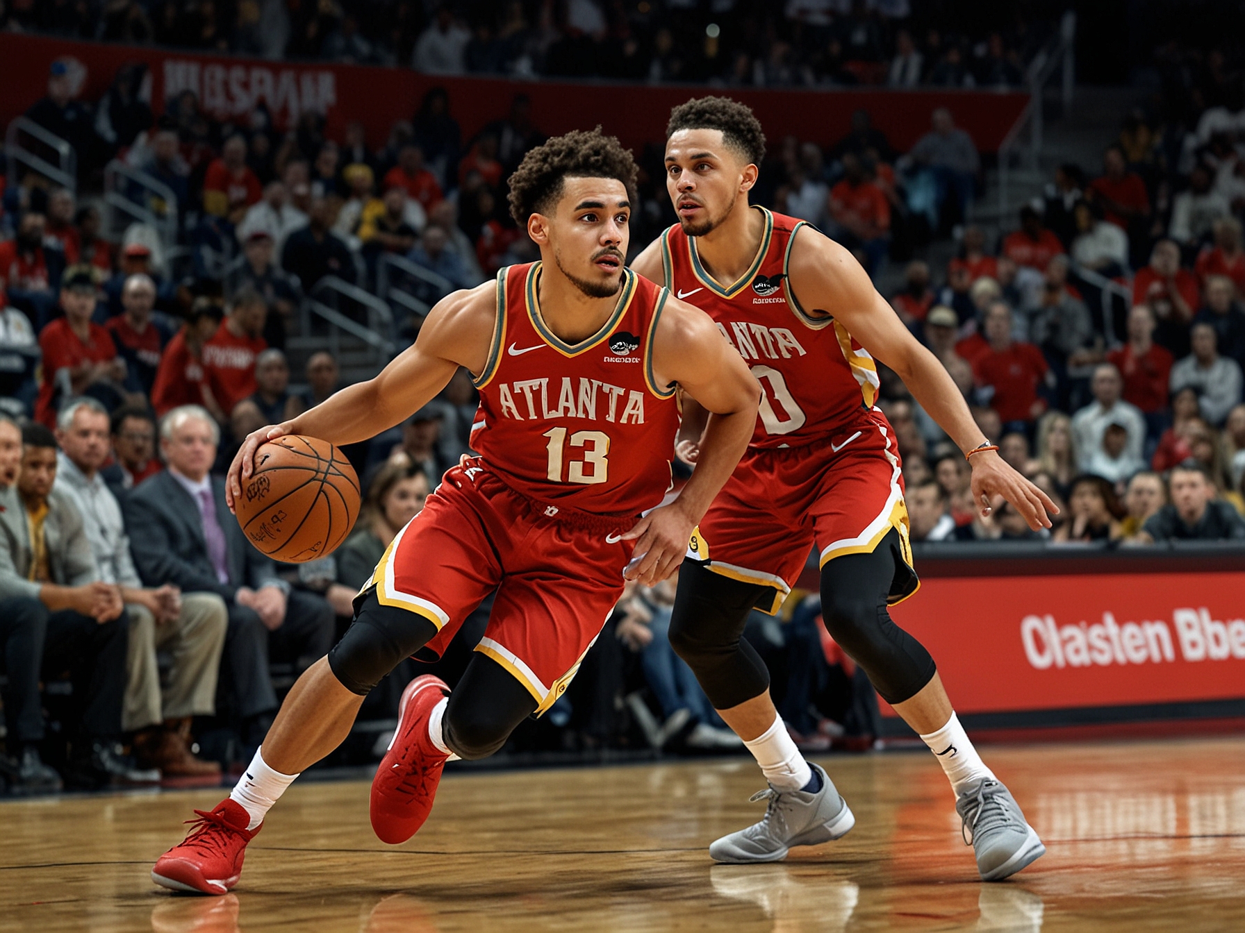 Close-up of Trae Young and Stephen Curry during their matchup, showcasing their expressions and determination as they compete for victory.