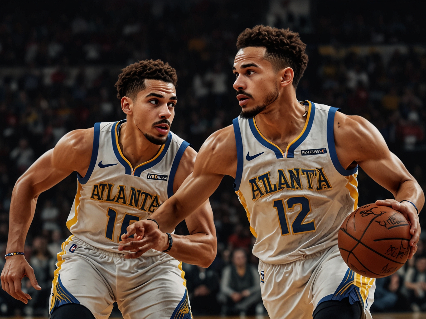 Fans in the stands passionately cheering as Trae Young and Stephen Curry face off in a thrilling NBA game, capturing the electric atmosphere of sports rivalry.