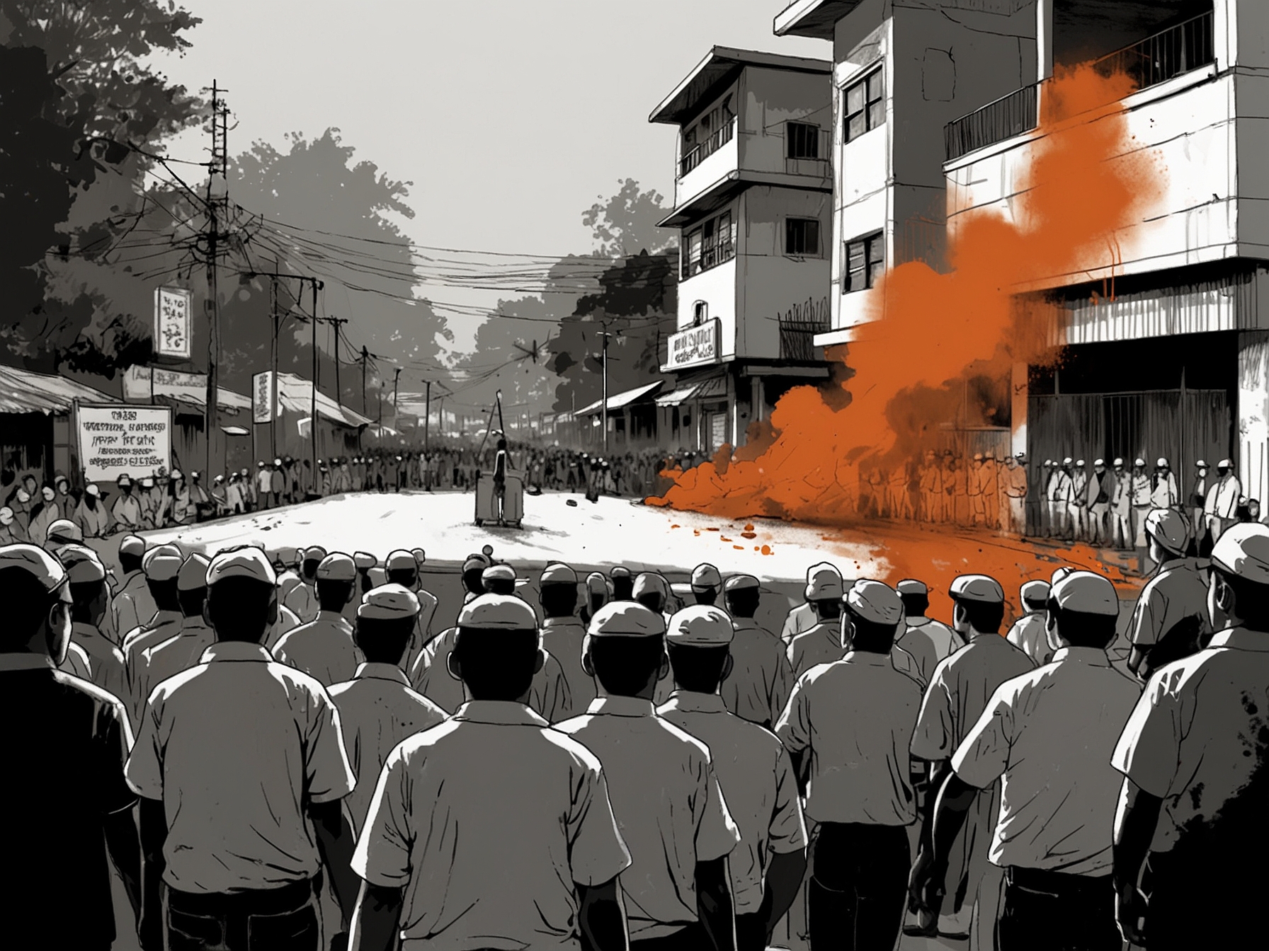 A tense protest scene in Manipur, showing people holding banners demanding justice and accountability, amid a backdrop of unrest and police presence.