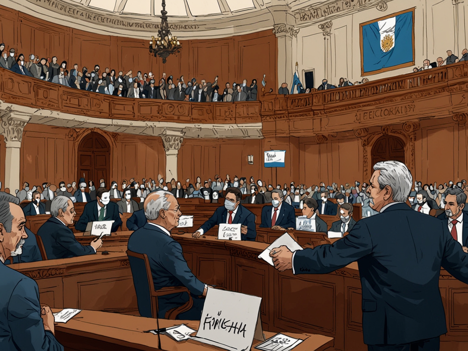 A chaotic session in Argentina's Chamber of Deputies with visibly frustrated politicians, empty seats symbolizing absent members, and a large banner promoting 'Ficha Limpia' in the background.
