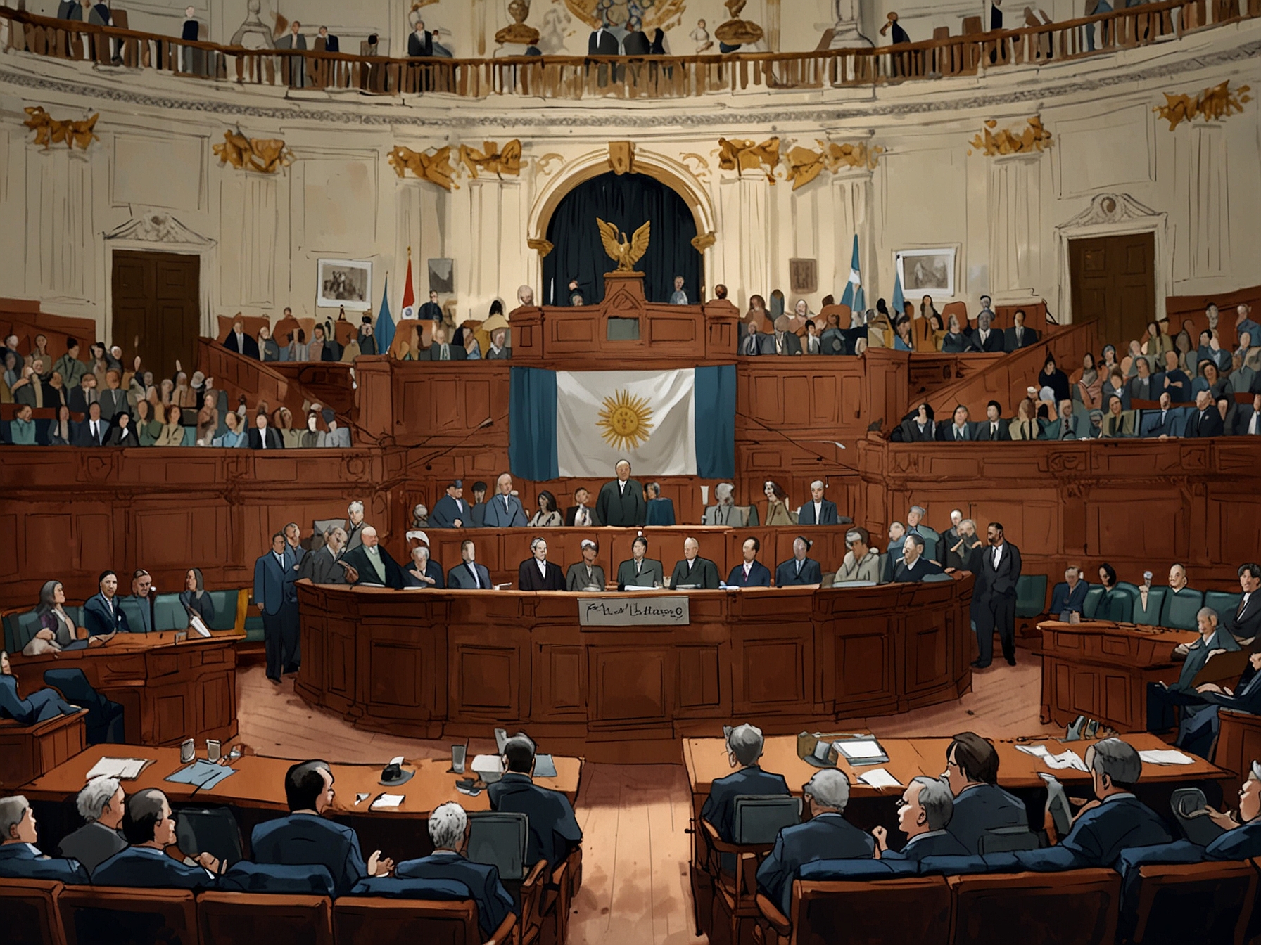 A close-up of a political leader in Argentina pointing fingers during a heated debate about corruption laws, with a backdrop of the empty assembly chamber.