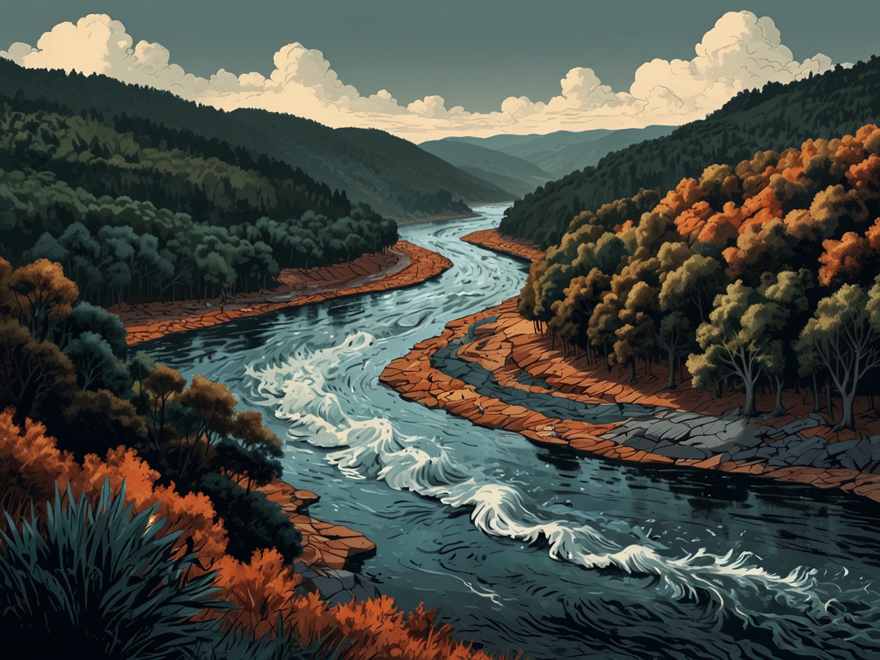 A dramatic illustration capturing a river with vibrant currents, representing the Hidrovía, flanked by images of Javier Milei and Axel Kicillof, symbolizing the opposing sides of the privatization debate.