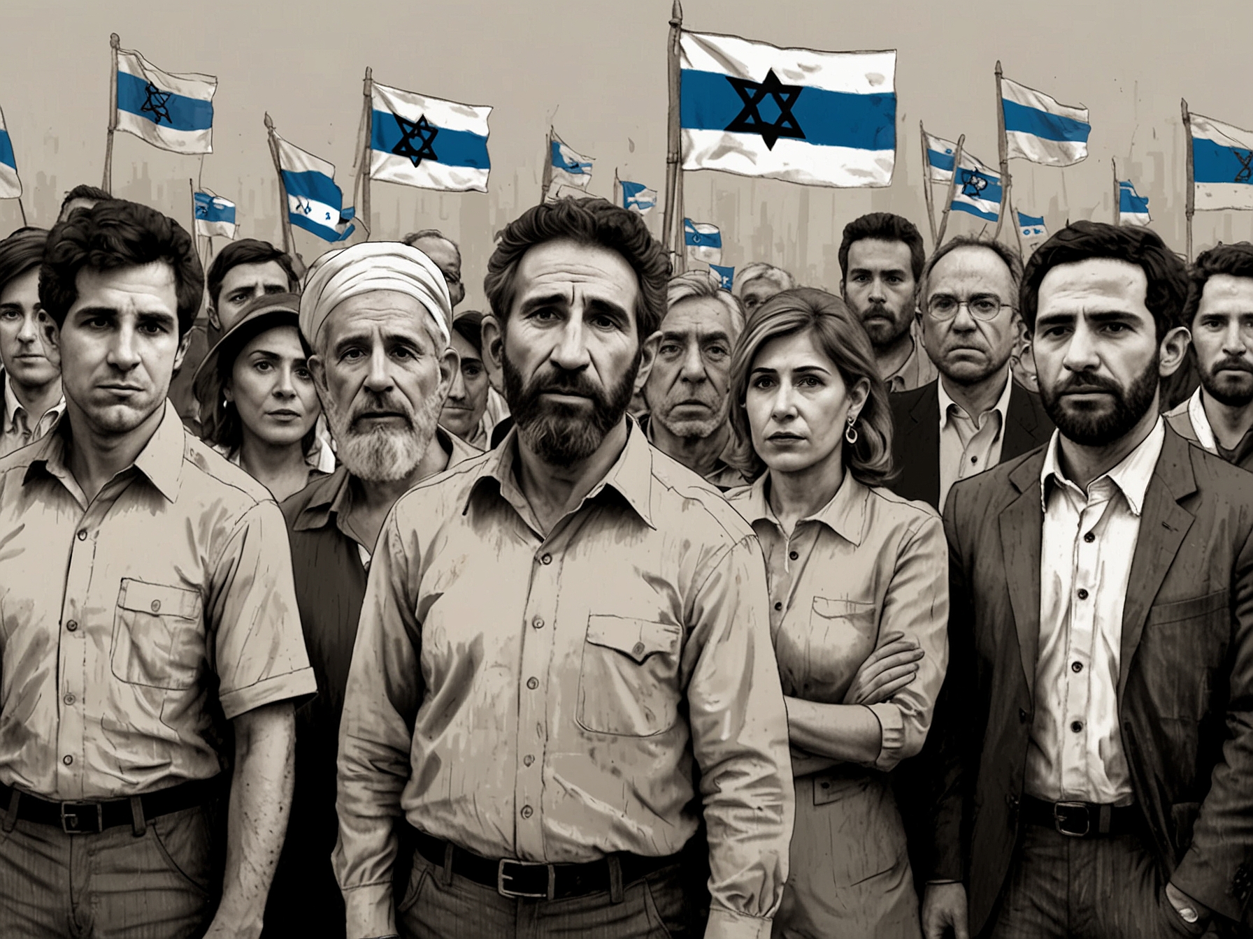 A tense political rally showing diverse members of the Jewish community in Argentina, expressing mixed emotions and divided opinions in the wake of the DAIA election.