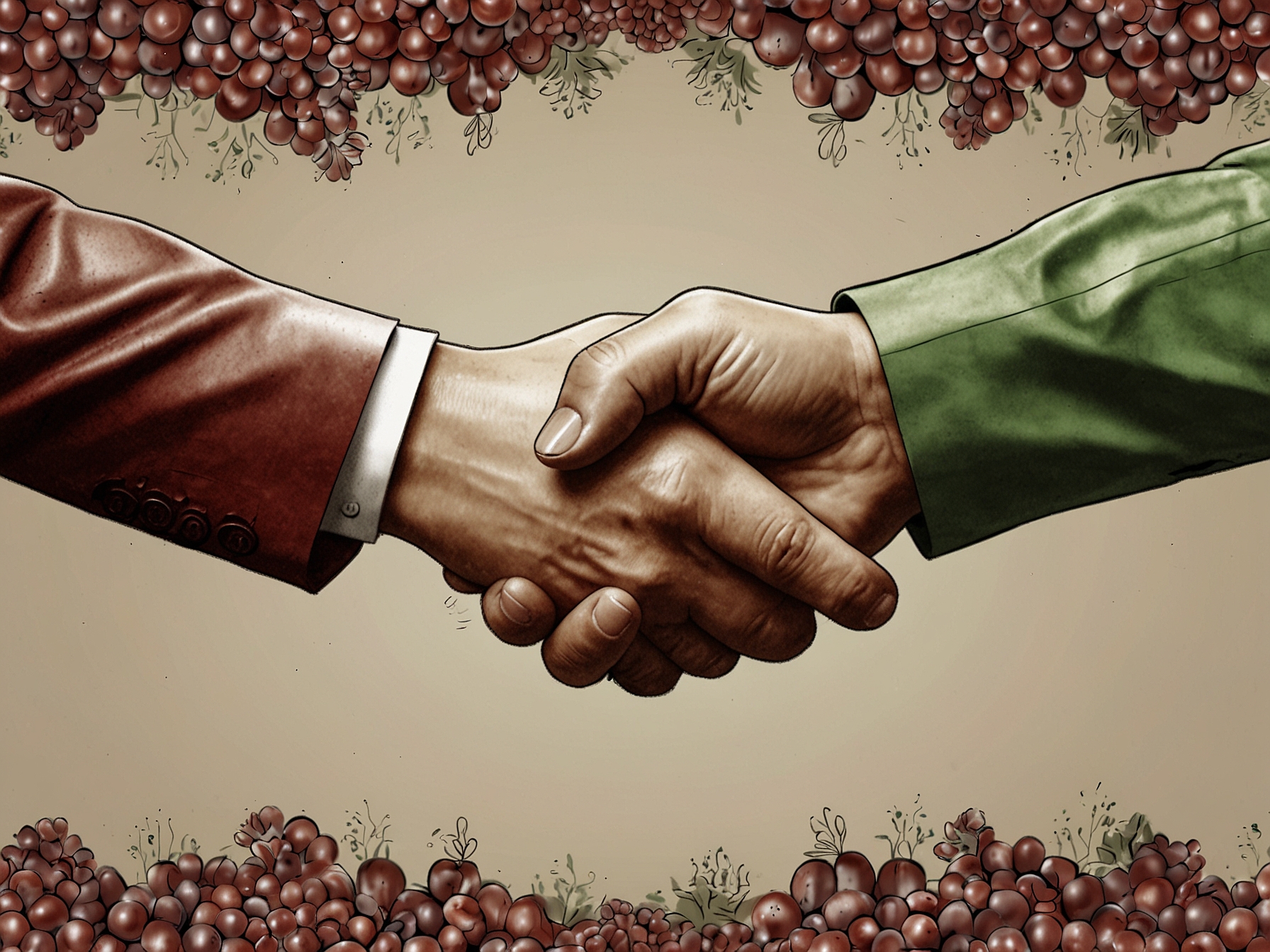 A symbolic handshake between Brazilian and Chinese leaders, representing the signing of new trade agreements, surrounded by agricultural products like grapes and sesame, signifying enhanced trade relations.