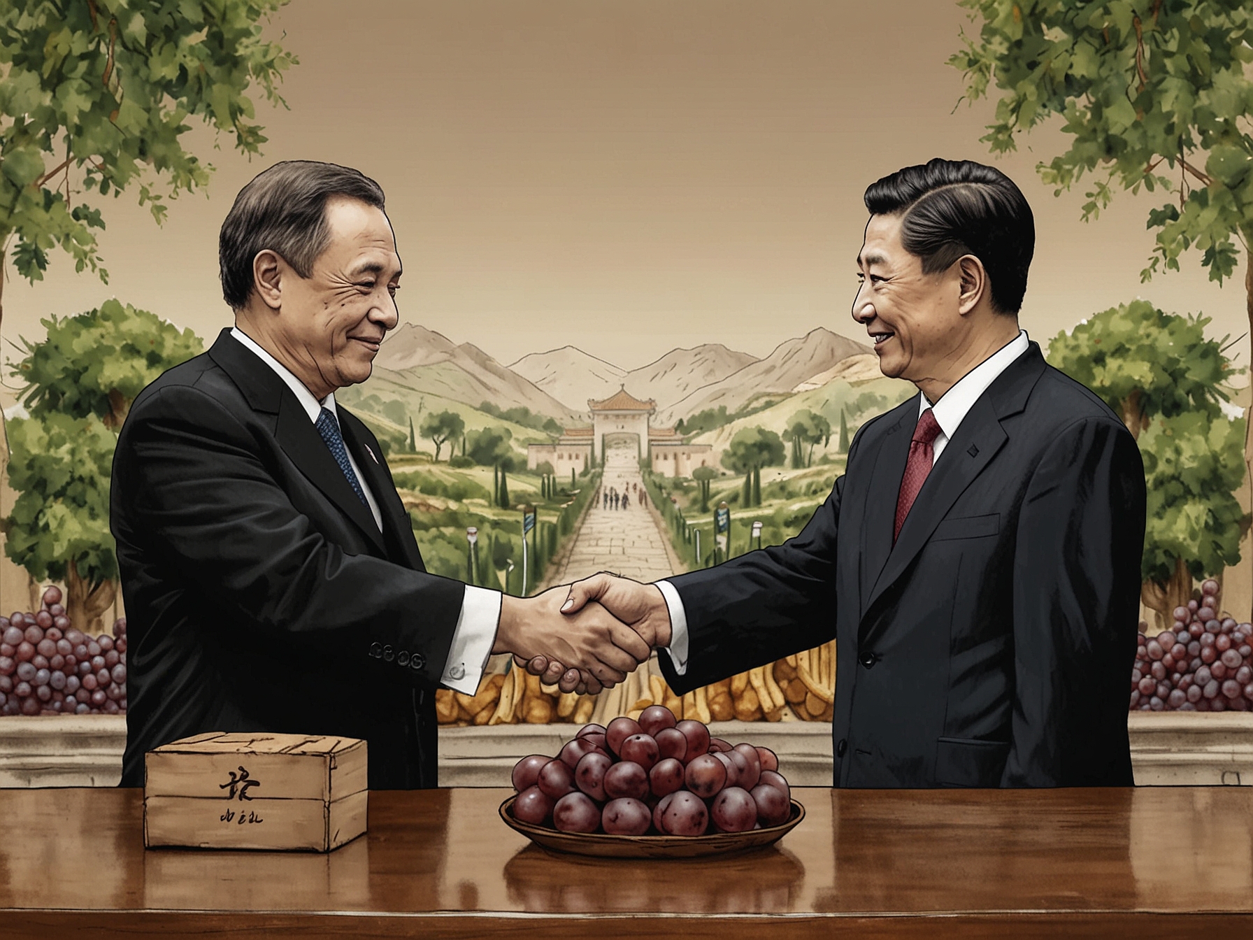 A vibrant market scene showcasing Brazilian farmers with fresh produce, such as table grapes and sesame, portraying the potential economic growth from the new agreements with China.