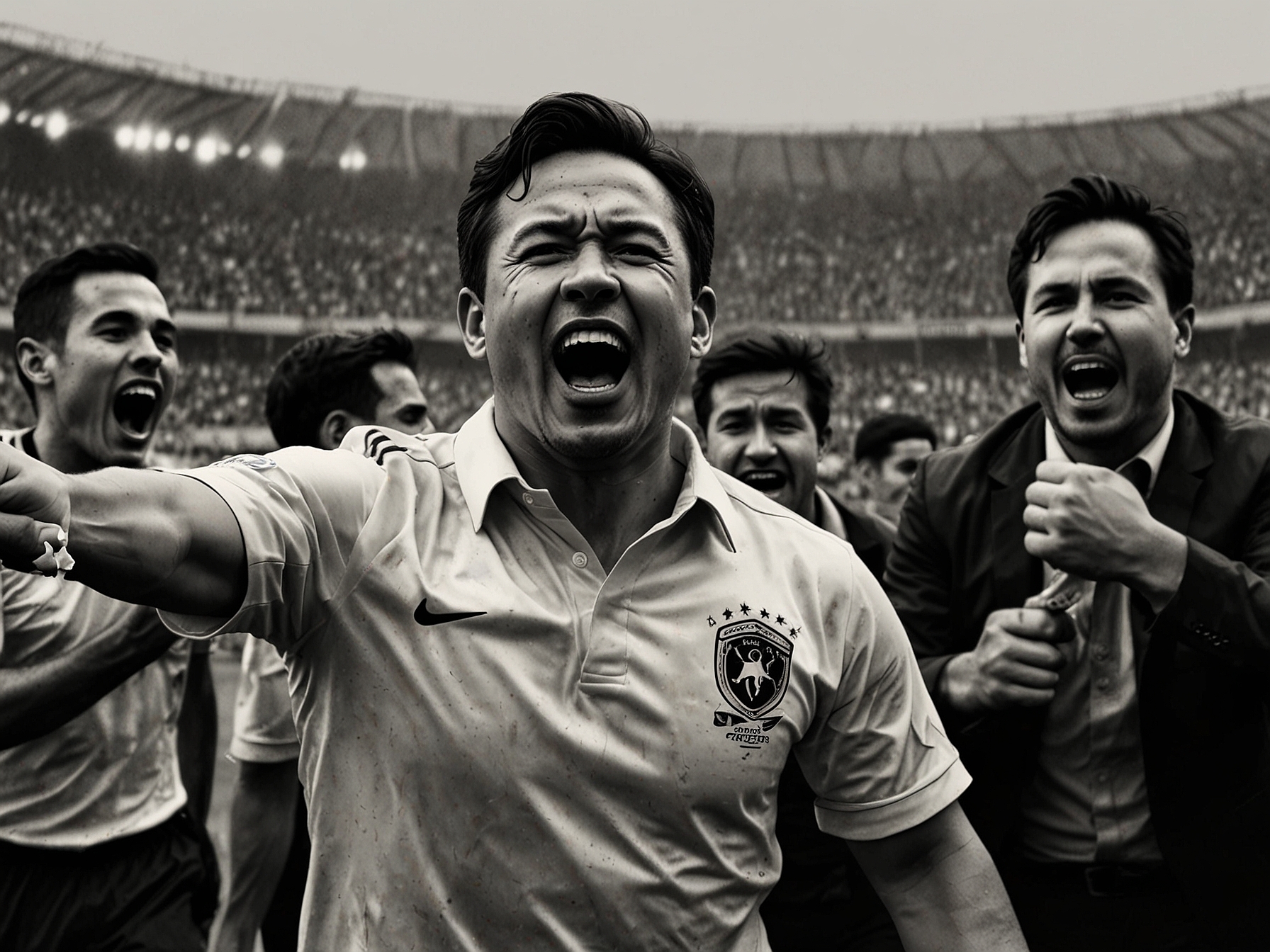 Efraín Juárez passionately celebrating a goal, surrounded by coaching staff, moments before he receives a red card for his exuberant actions on the sideline.