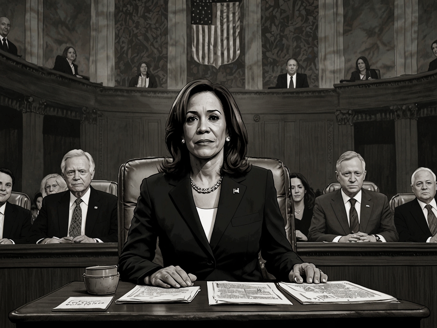 An illustration showing Kamala Harris presiding over the Senate, surrounded by judicial symbols like gavels and scales of justice, reflecting the high stakes of upcoming judicial confirmations.