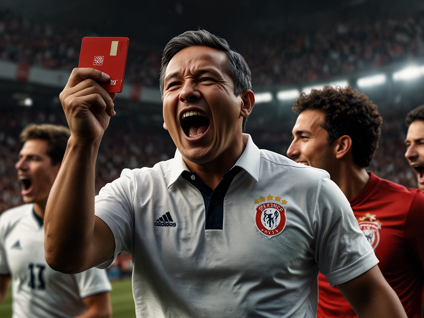 Juárez exiting the pitch, making a handcuff gesture as a symbolic response to his possible suspension, against a backdrop of a tense football match atmosphere.