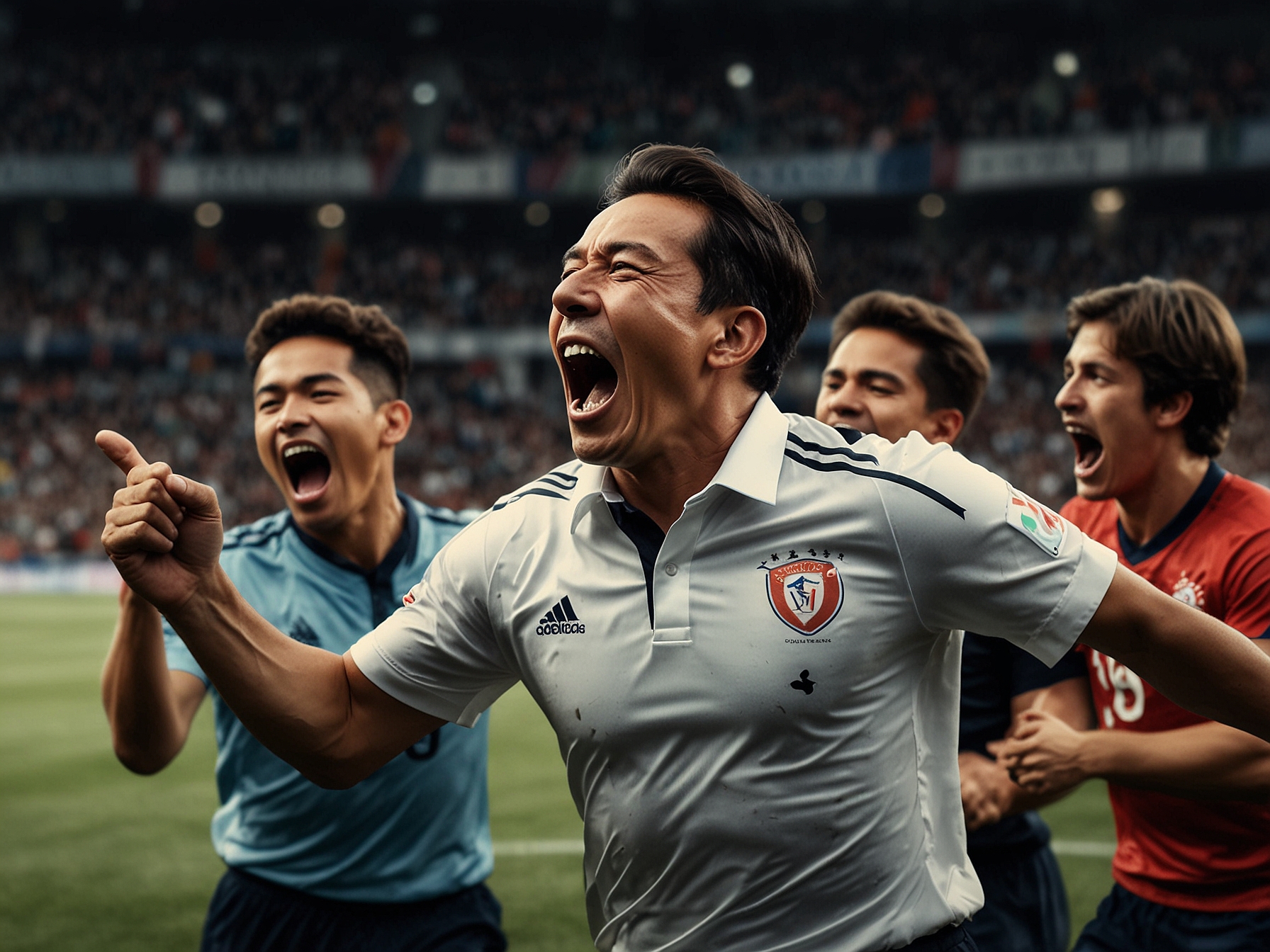 A packed stadium filled with fans, some cheering and others looking concerned, capturing the emotional rollercoaster of the match and the heightened drama of Juárez's red card incident.
