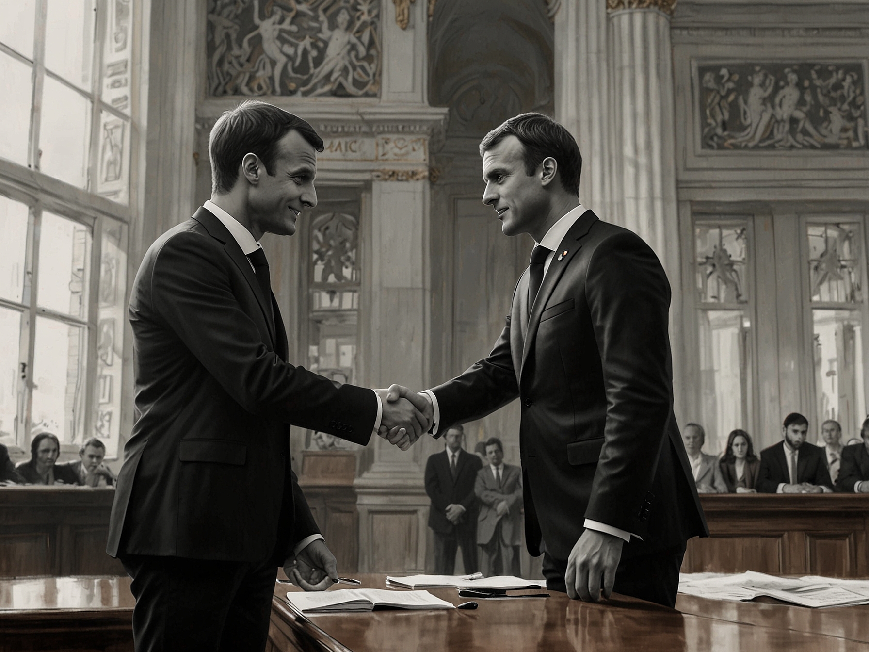 The signing of the cooperation agreement illustrated by both leaders shaking hands, symbolizing their commitment to advancing AI in Latin America.