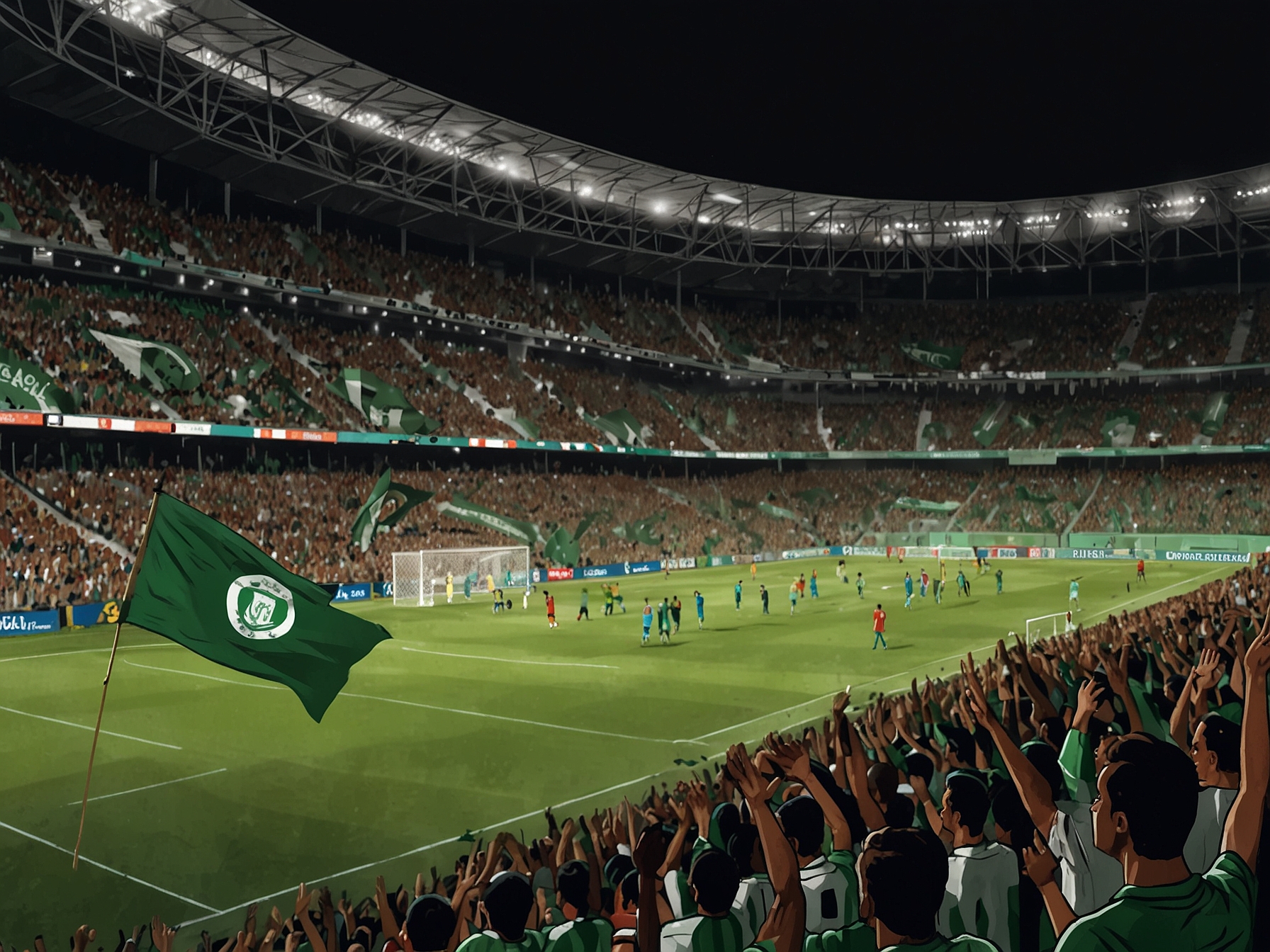 A packed Atanasio Girardot stadium with Atlético Nacional fans celebrating a goal, waving green flags and wearing their team colors in a vibrant display of support.