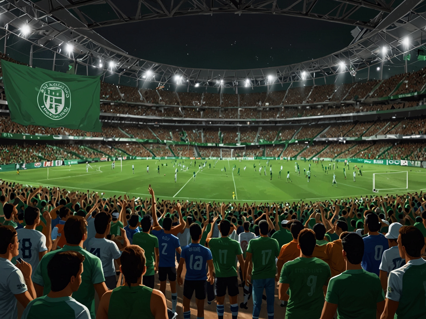 Andrés Sarmiento celebrating after scoring for Atlético Nacional, surrounded by teammates in an electric atmosphere during the match against Santa Fe.