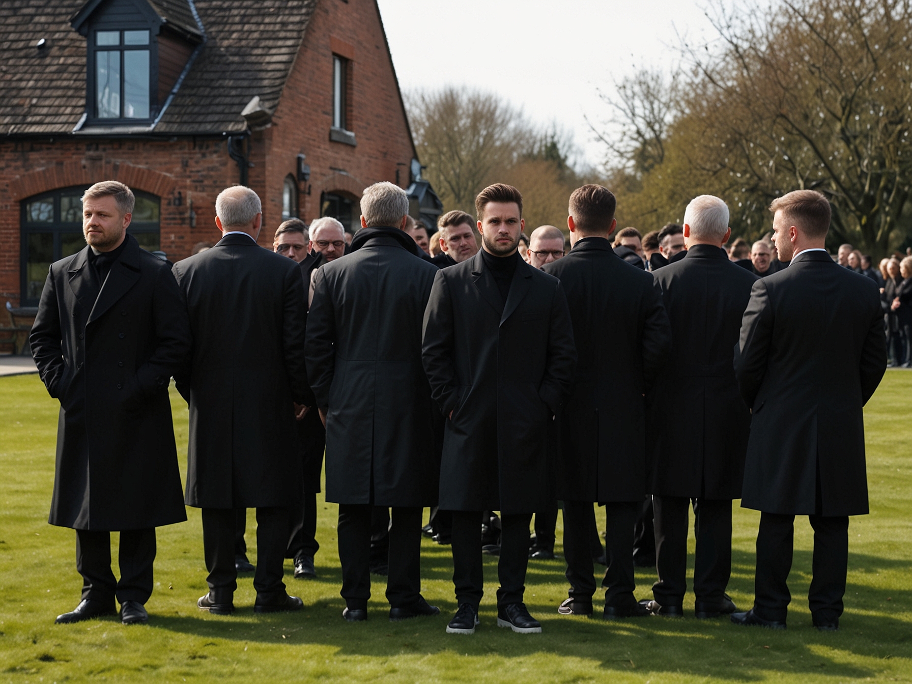 A somber gathering at Liam Payne's funeral, with mourners dressed in black, and Adrian Chiles standing out in a West Brom coat, symbolizing his tribute to his late friend.
