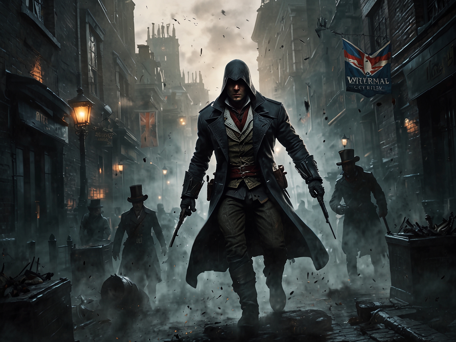 An action-packed scene from Assassin's Creed Syndicate, featuring Jacob Frye navigating the foggy streets of Victorian London while engaging in a dramatic chase, visually enhanced to showcase the improved 60 FPS gameplay.