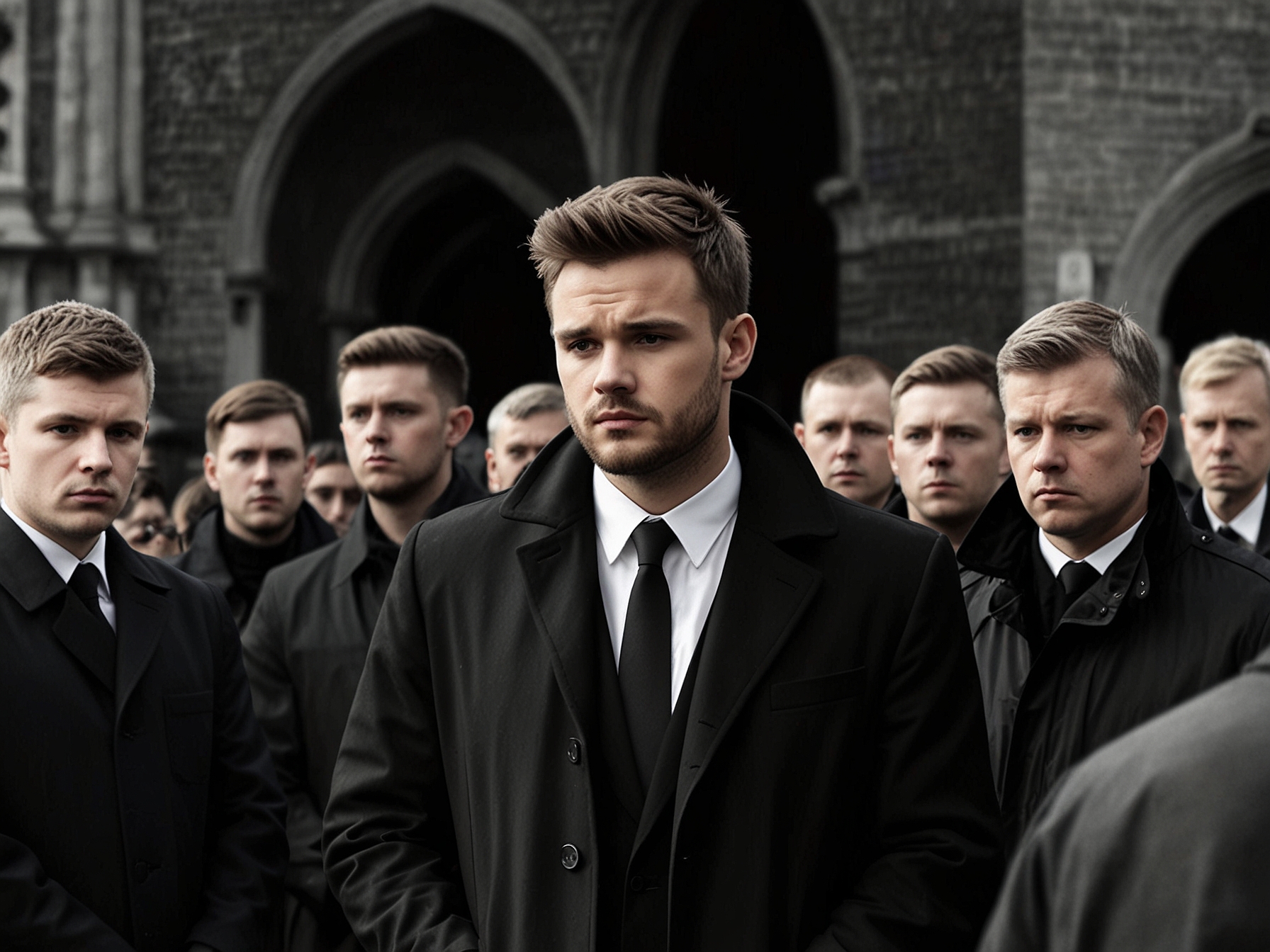 Adrian Chiles wearing a West Brom coat at Payne's funeral, surrounded by other attendees showing expressions of grief and support, illustrating the bond between sports and personal friendships.