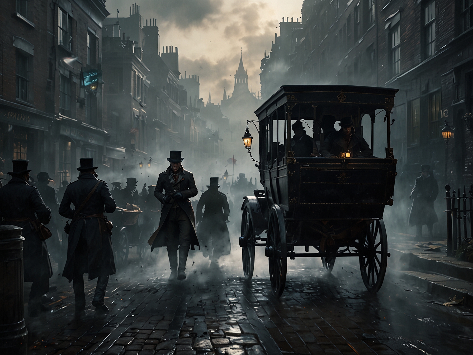 A captivating screenshot depicting Jacob and Evie Frye in the heart of London, highlighting the game's detailed environments and heightened visual fidelity following the 60 FPS update, capturing the era's atmosphere.
