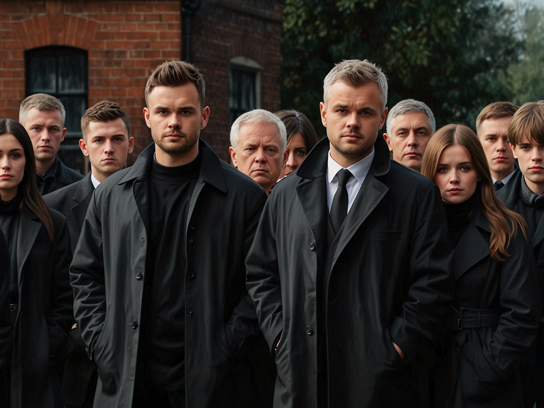 An emotional scene at Liam Payne's funeral, highlighting Adrian Chiles in a vibrant West Brom coat, as friends and family gather to celebrate Payne's life and passion for football.