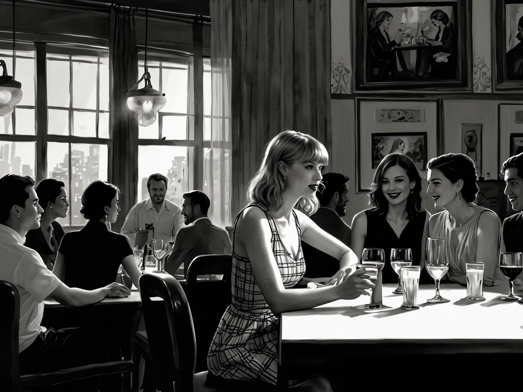A lively scene at Chez Margaux, showcasing Taylor Swift in a chic black-and-white plaid outfit enjoying her night out with friends and celebrities in a stylish, upscale setting.
