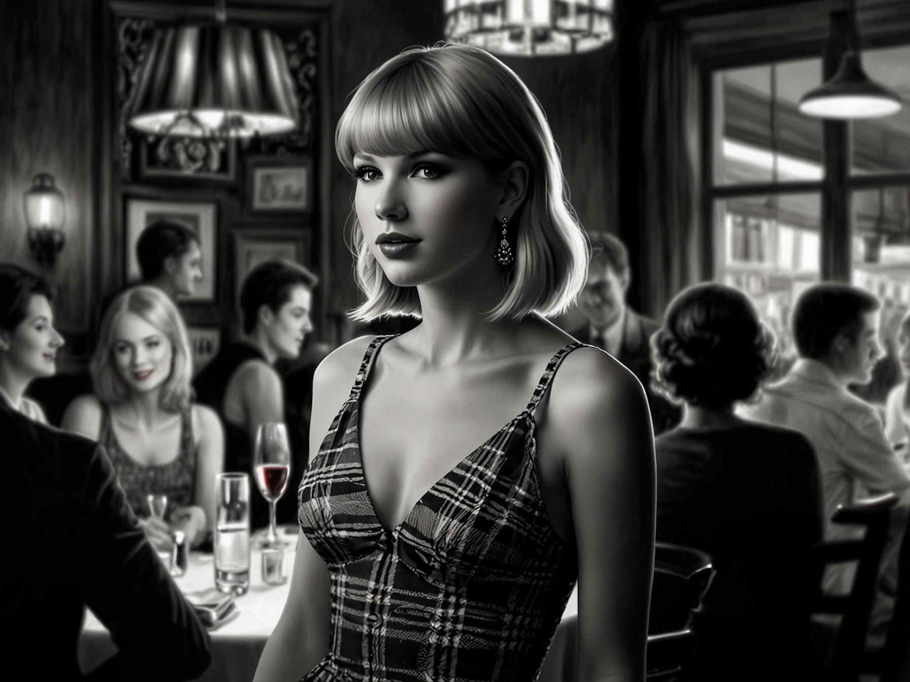 An intimate setting at Chez Margaux, where Taylor Swift and her friends engage in conversation, surrounded by an elegant ambience reflecting the glamour of NYC nightlife.