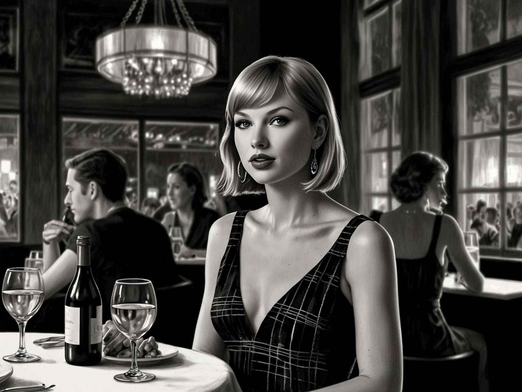 A snapshot of celebrity interactions at Chez Margaux, highlighting the gathering of Taylor Swift with renowned figures like Ronan Farrow in a cozy, upscale supper club atmosphere.