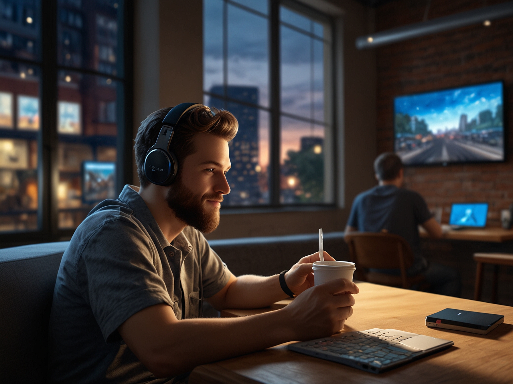 A gamer relaxing in a coffee shop while using the PS Portal to stream PS5 games, showcasing the mobility and convenience of cloud gaming.